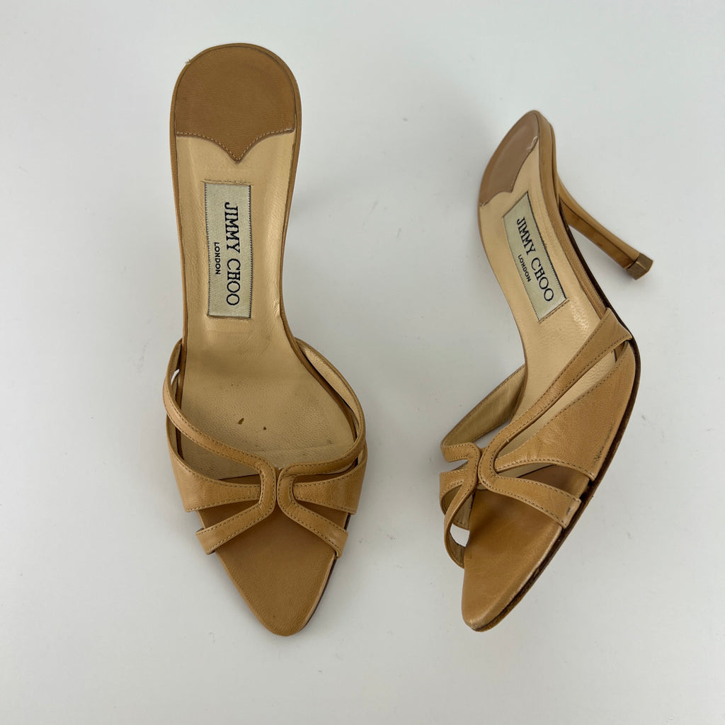 Jimmy Choo | Nude Leather Pointed Toe Strappy Slide Mules (36.5)