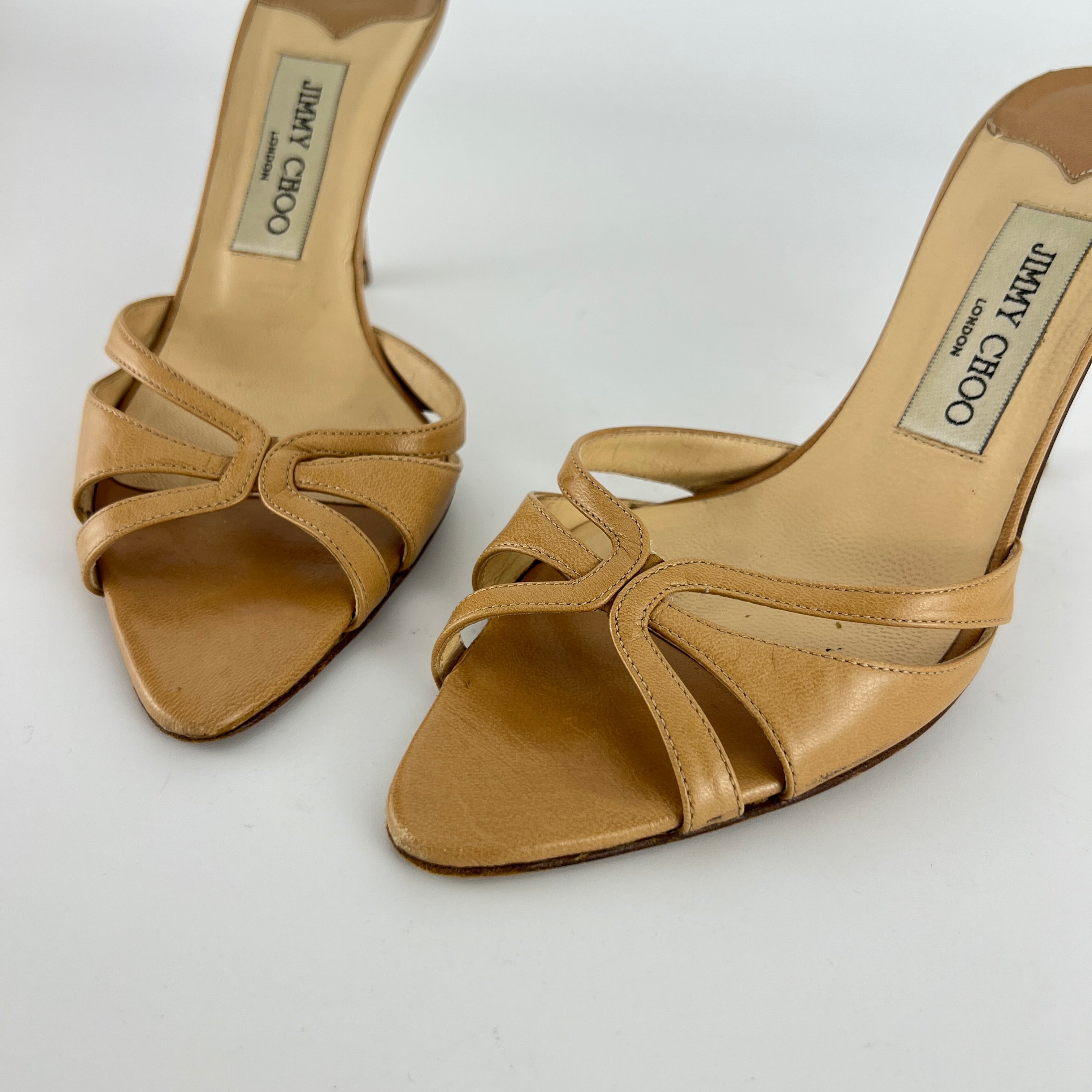 Jimmy Choo | Nude Leather Pointed Toe Strappy Slide Mules (36.5)
