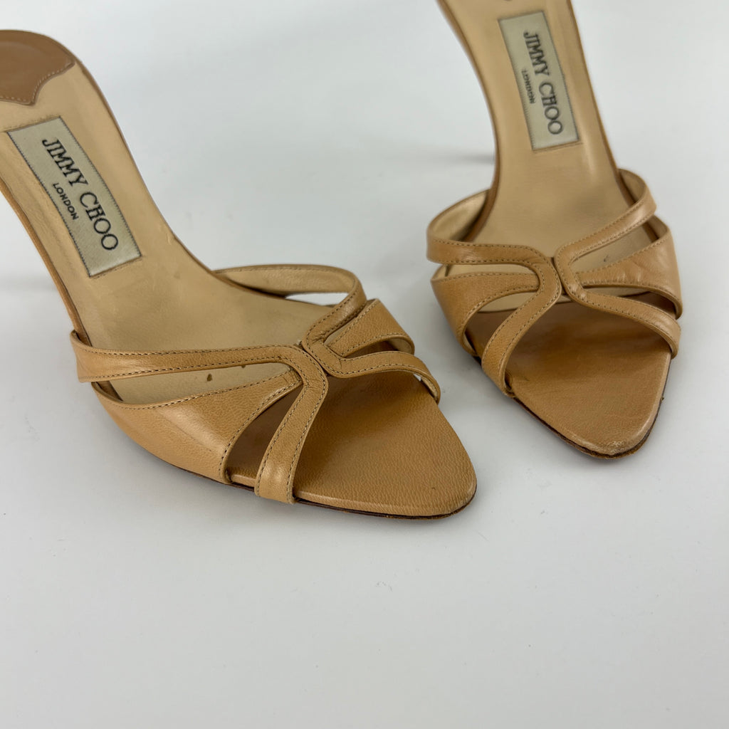 Jimmy Choo | Nude Leather Pointed Toe Strappy Slide Mules (36.5)