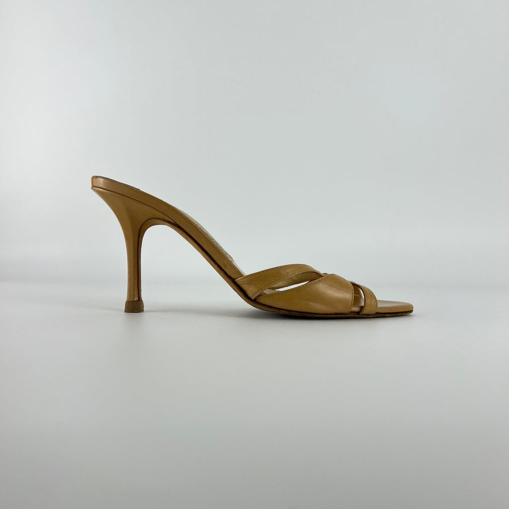 Jimmy Choo | Nude Leather Pointed Toe Strappy Slide Mules (36.5)