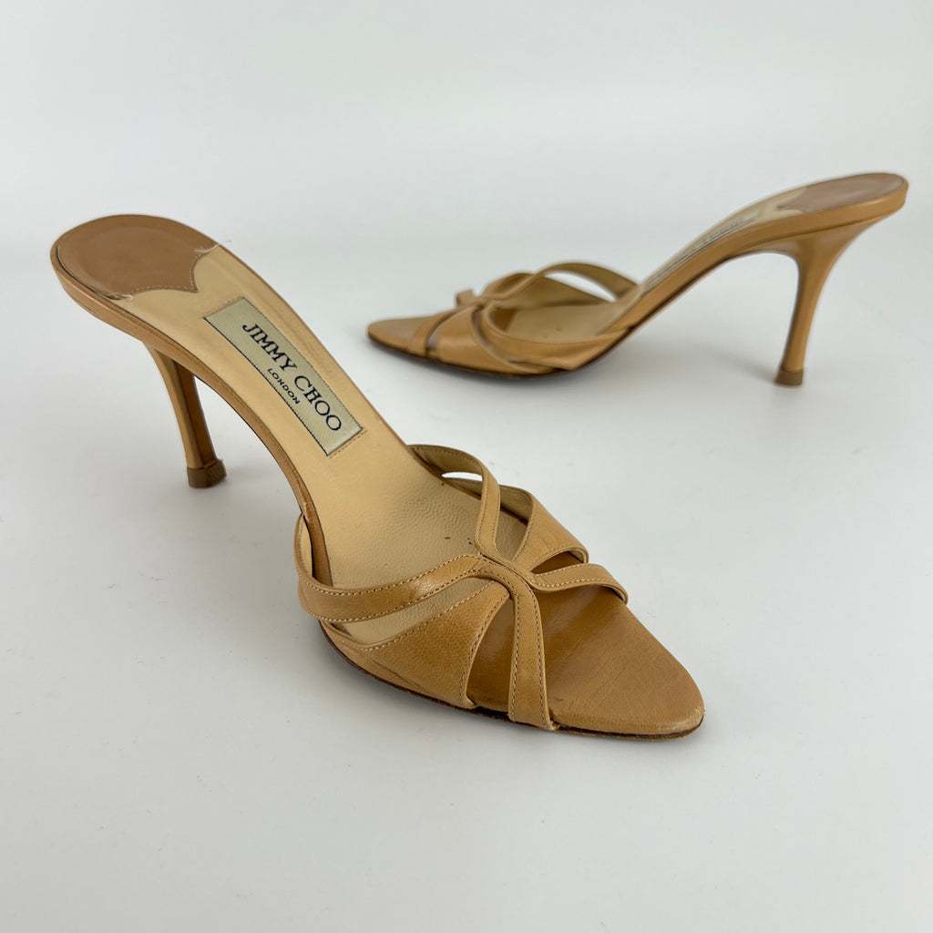 Jimmy Choo | Nude Leather Pointed Toe Strappy Slide Mules (36.5)