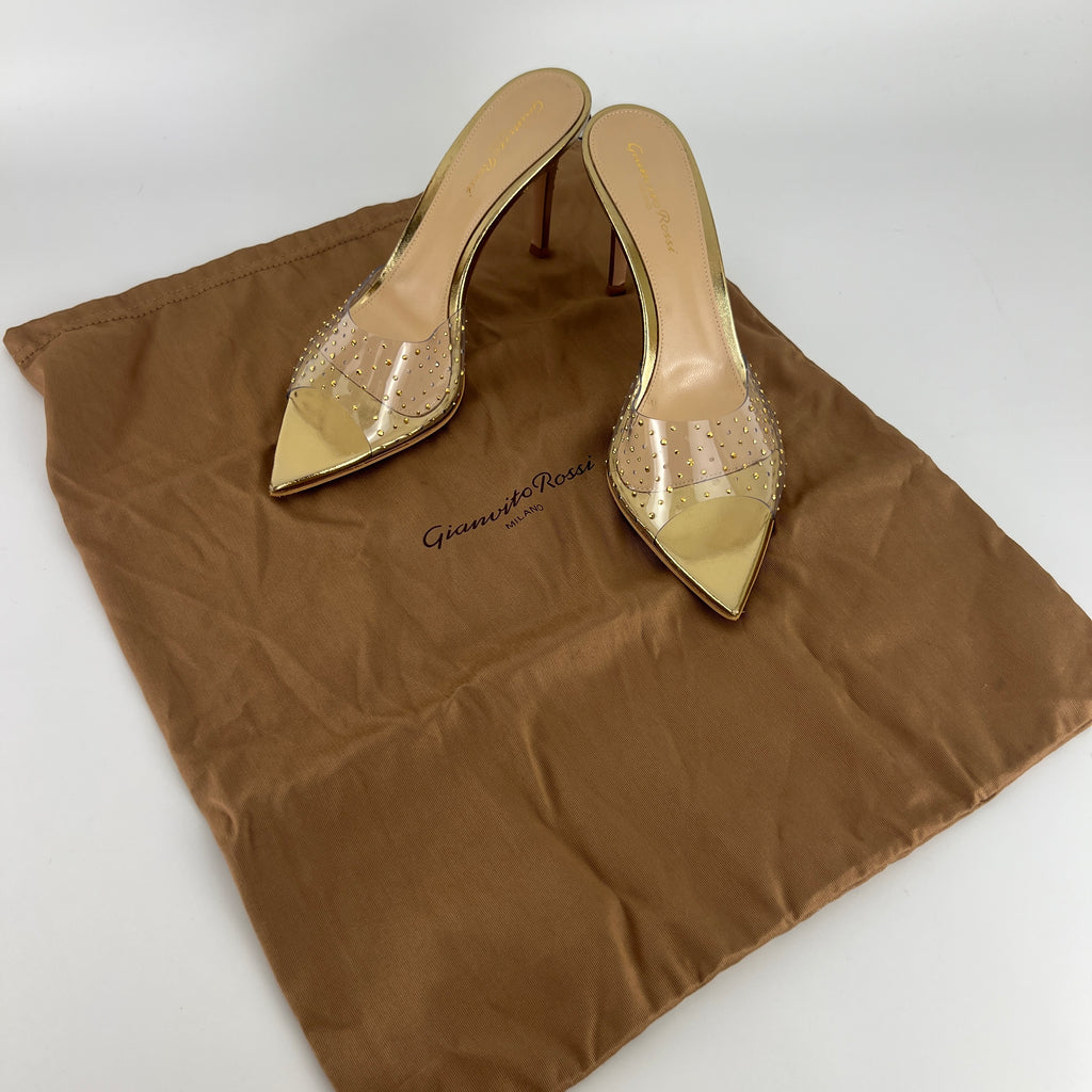 Gianvito Rossi | Gold Leather Clar PVC Rhinestone Strap Pointed Toe Slide Mules (38.5)