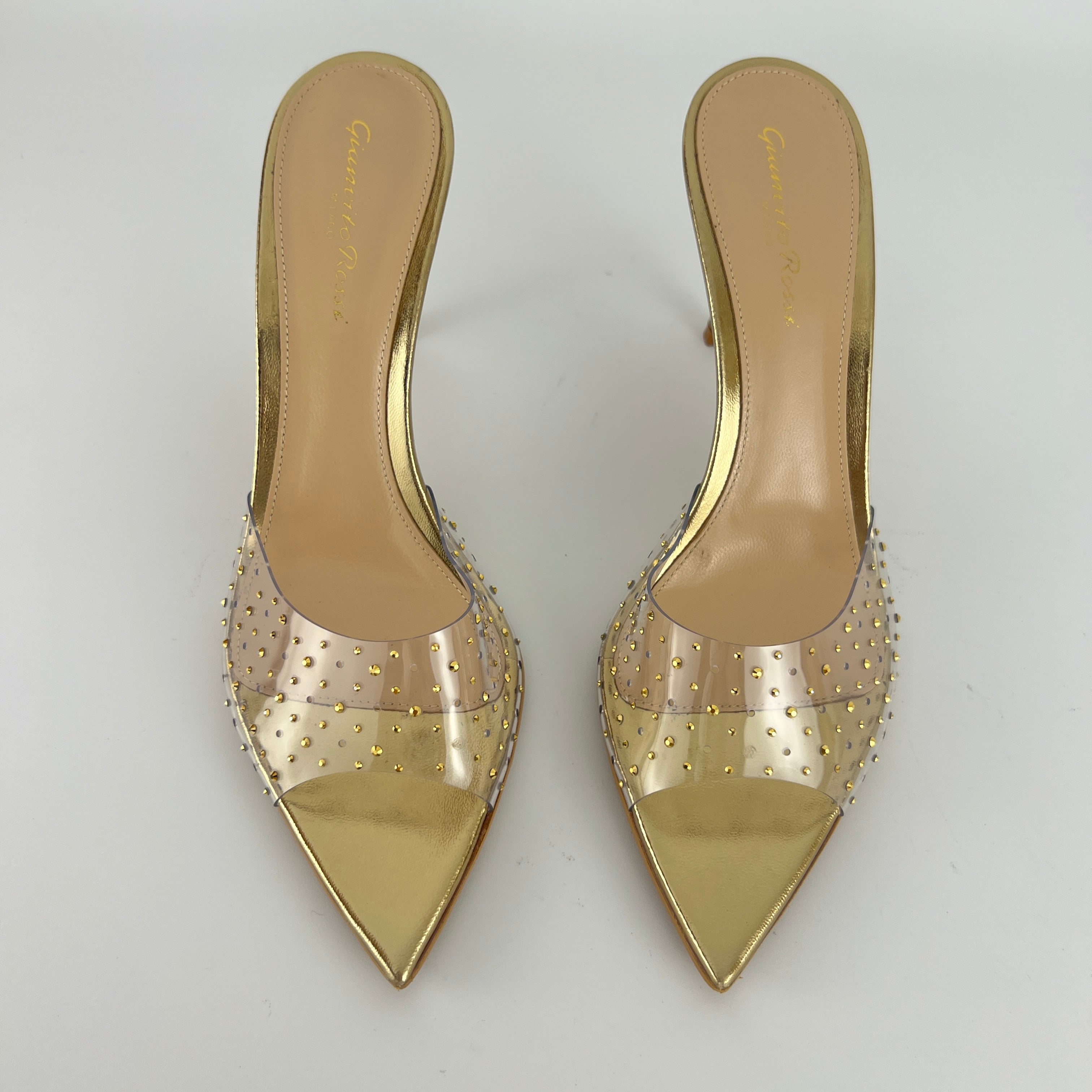 Gianvito Rossi | Gold Leather Clar PVC Rhinestone Strap Pointed Toe Slide Mules (38.5)