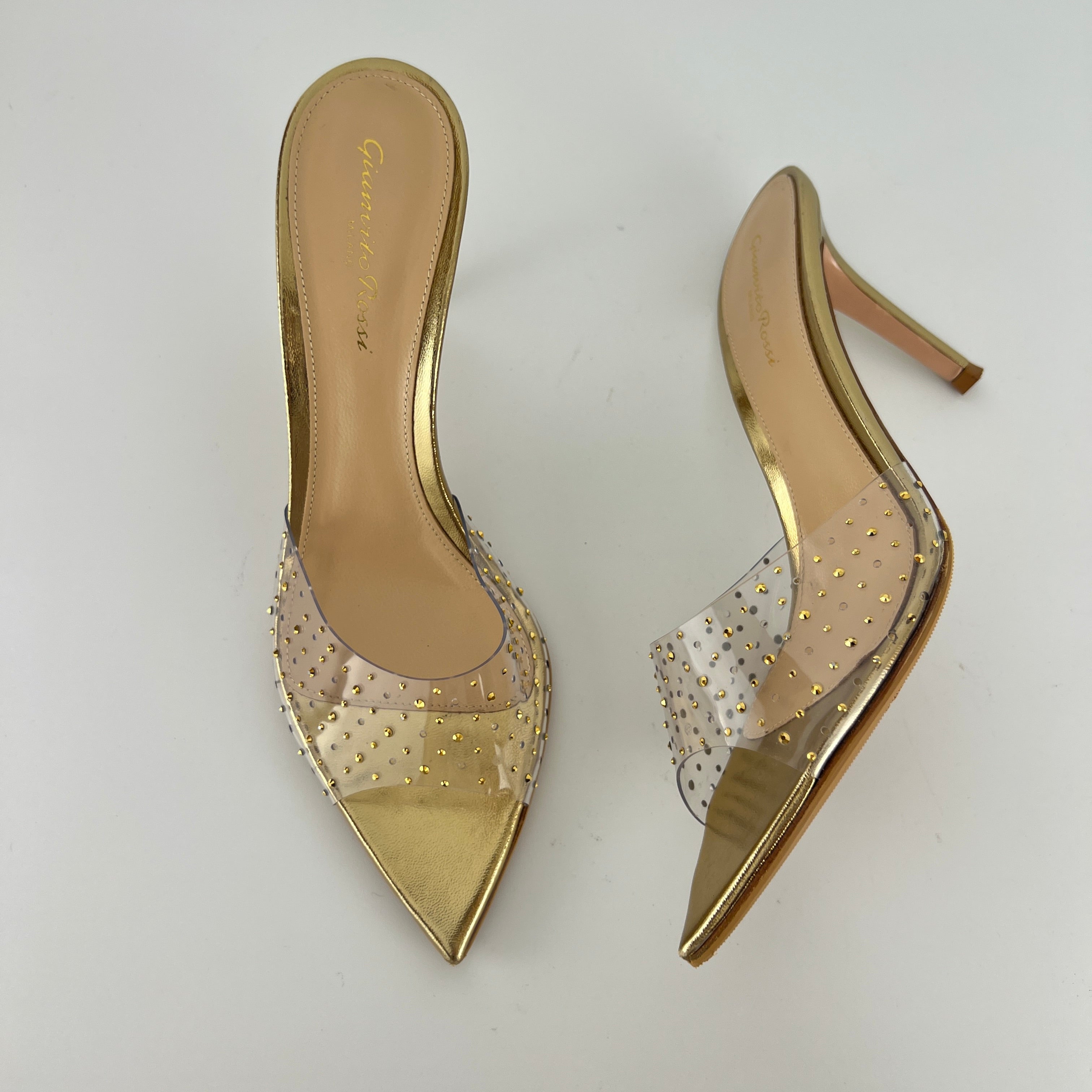 Gianvito Rossi | Gold Leather Clar PVC Rhinestone Strap Pointed Toe Slide Mules (38.5)