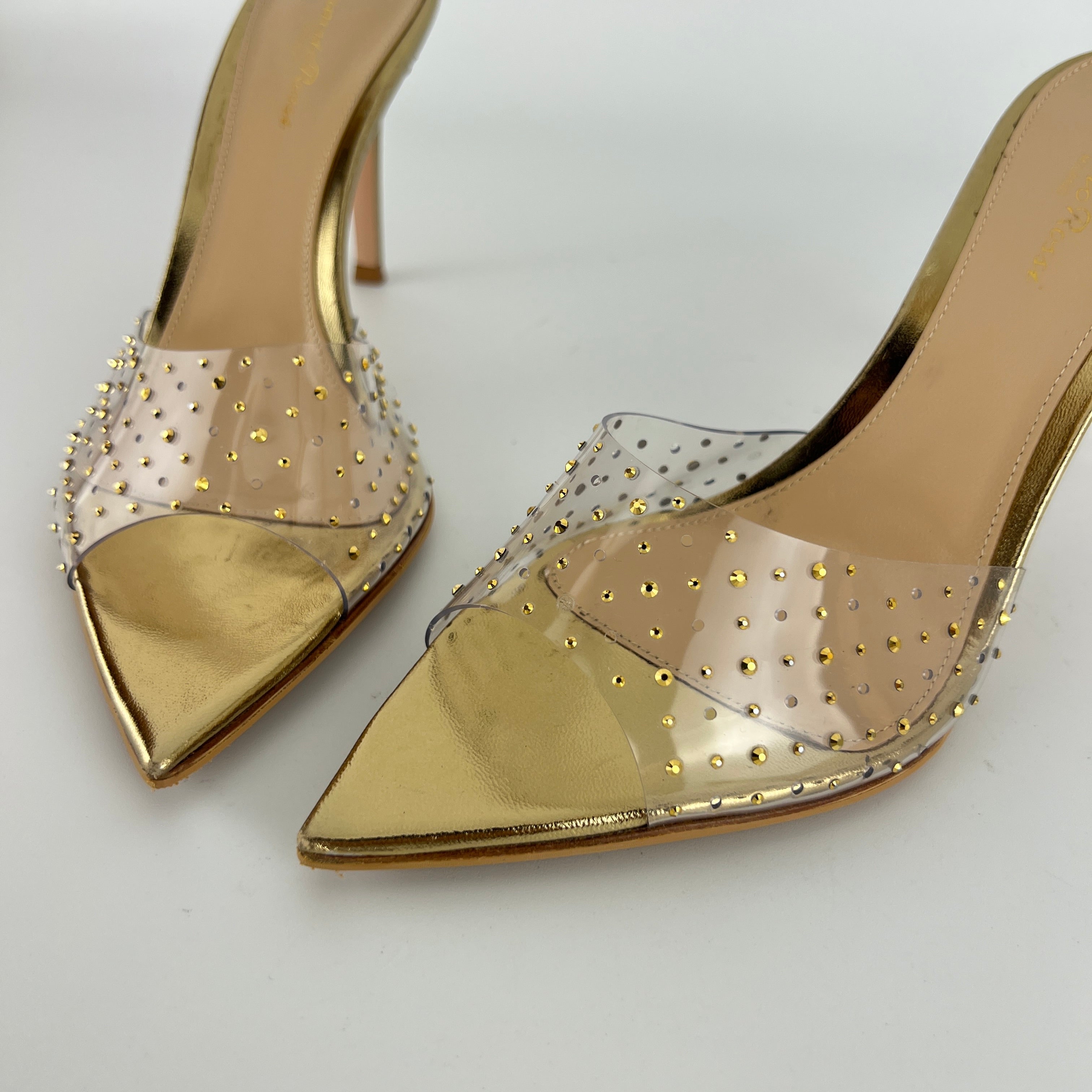 Gianvito Rossi | Gold Leather Clar PVC Rhinestone Strap Pointed Toe Slide Mules (38.5)