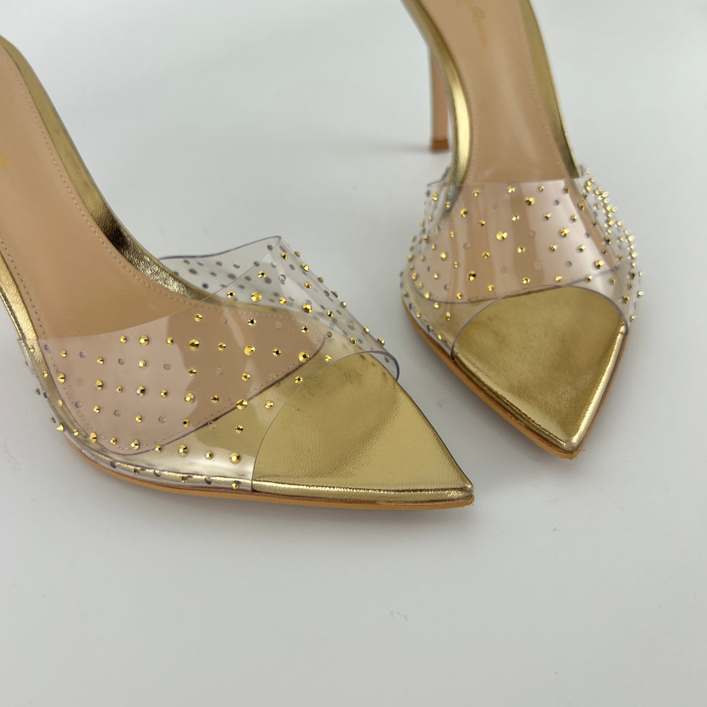 Gianvito Rossi | Gold Leather Clar PVC Rhinestone Strap Pointed Toe Slide Mules (38.5)