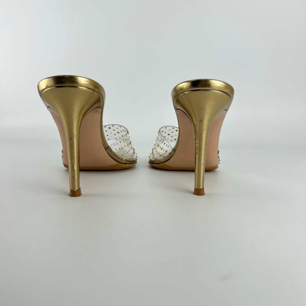 Gianvito Rossi | Gold Leather Clar PVC Rhinestone Strap Pointed Toe Slide Mules (38.5)