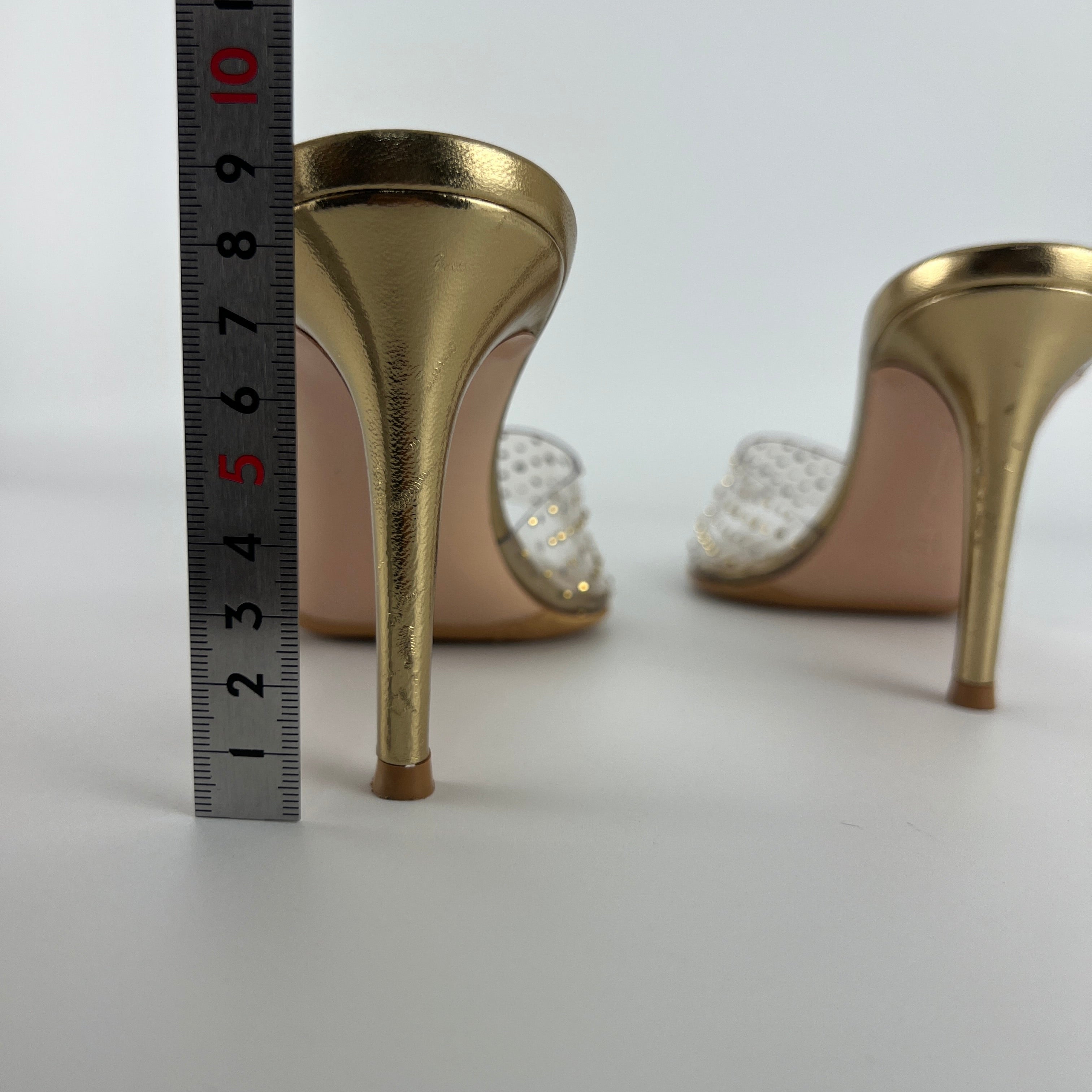 Gianvito Rossi | Gold Leather Clar PVC Rhinestone Strap Pointed Toe Slide Mules (38.5)
