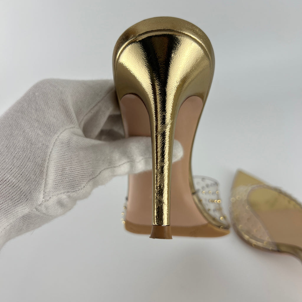 Gianvito Rossi | Gold Leather Clar PVC Rhinestone Strap Pointed Toe Slide Mules (38.5)