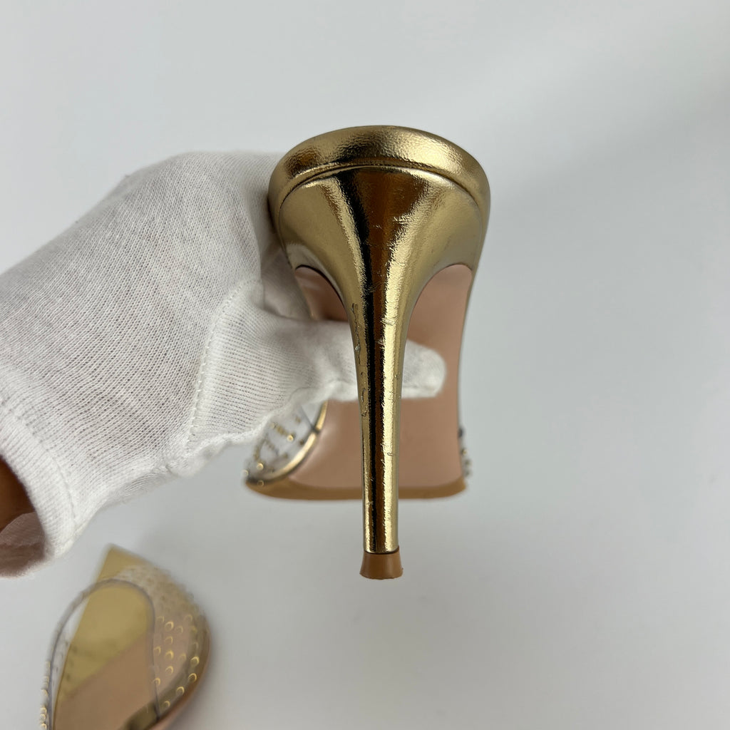 Gianvito Rossi | Gold Leather Clar PVC Rhinestone Strap Pointed Toe Slide Mules (38.5)
