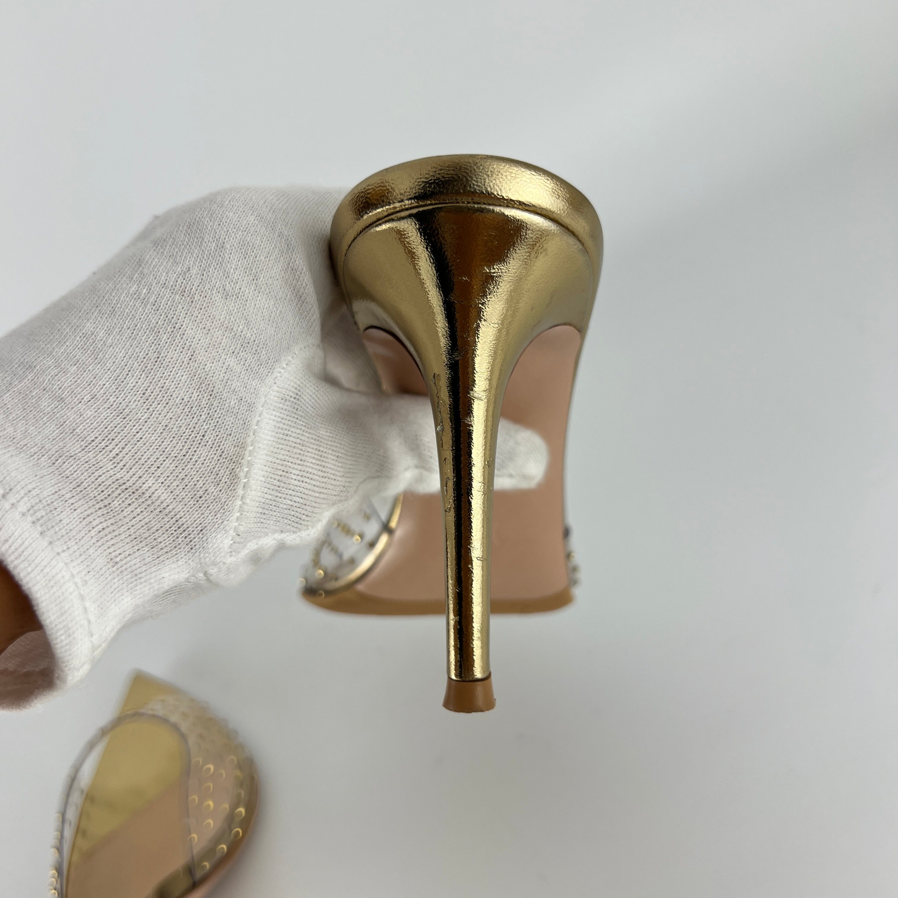 Gianvito Rossi | Gold Leather Clar PVC Rhinestone Strap Pointed Toe Slide Mules (38.5)