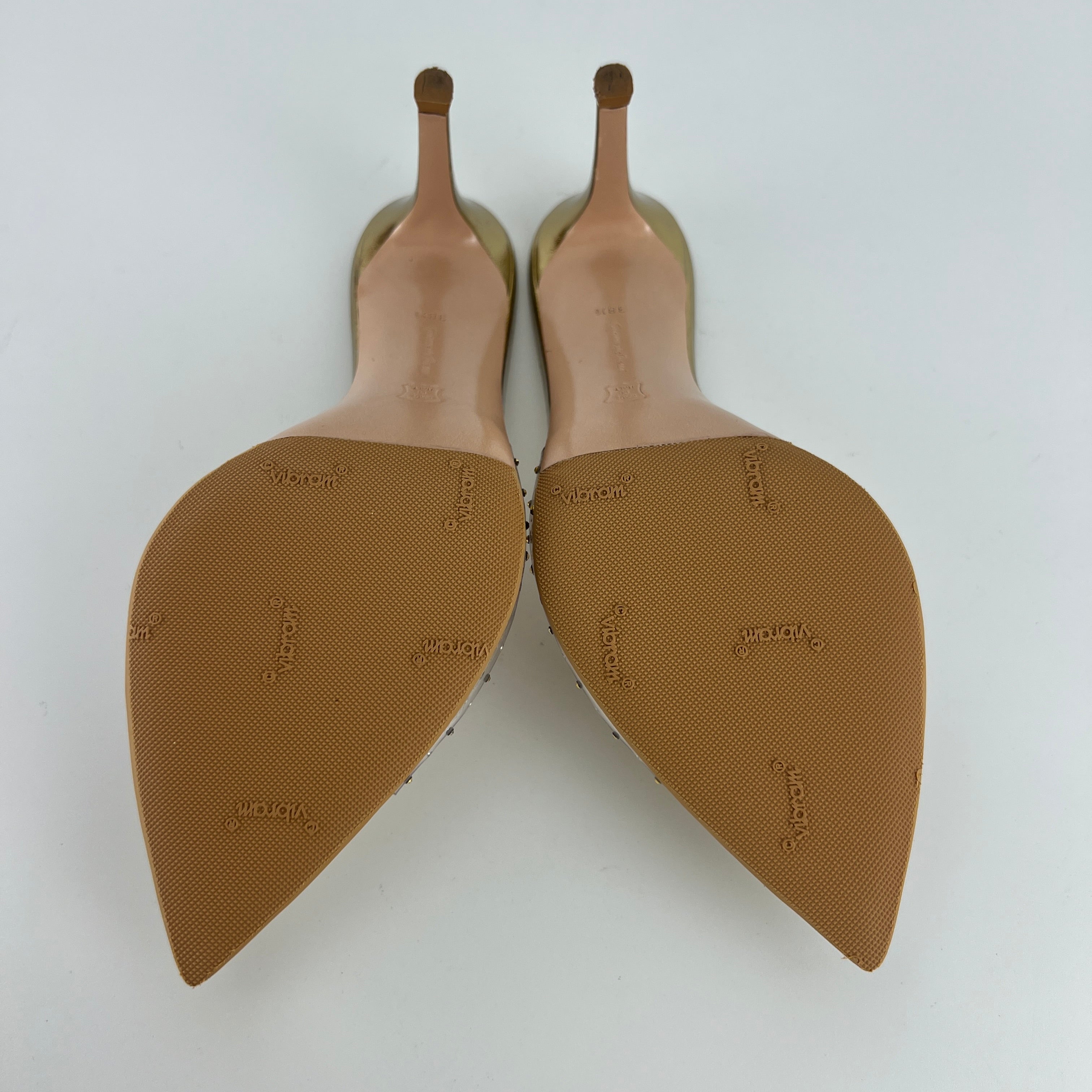 Gianvito Rossi | Gold Leather Clar PVC Rhinestone Strap Pointed Toe Slide Mules (38.5)