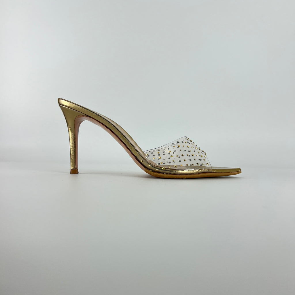 Gianvito Rossi | Gold Leather Clar PVC Rhinestone Strap Pointed Toe Slide Mules (38.5)