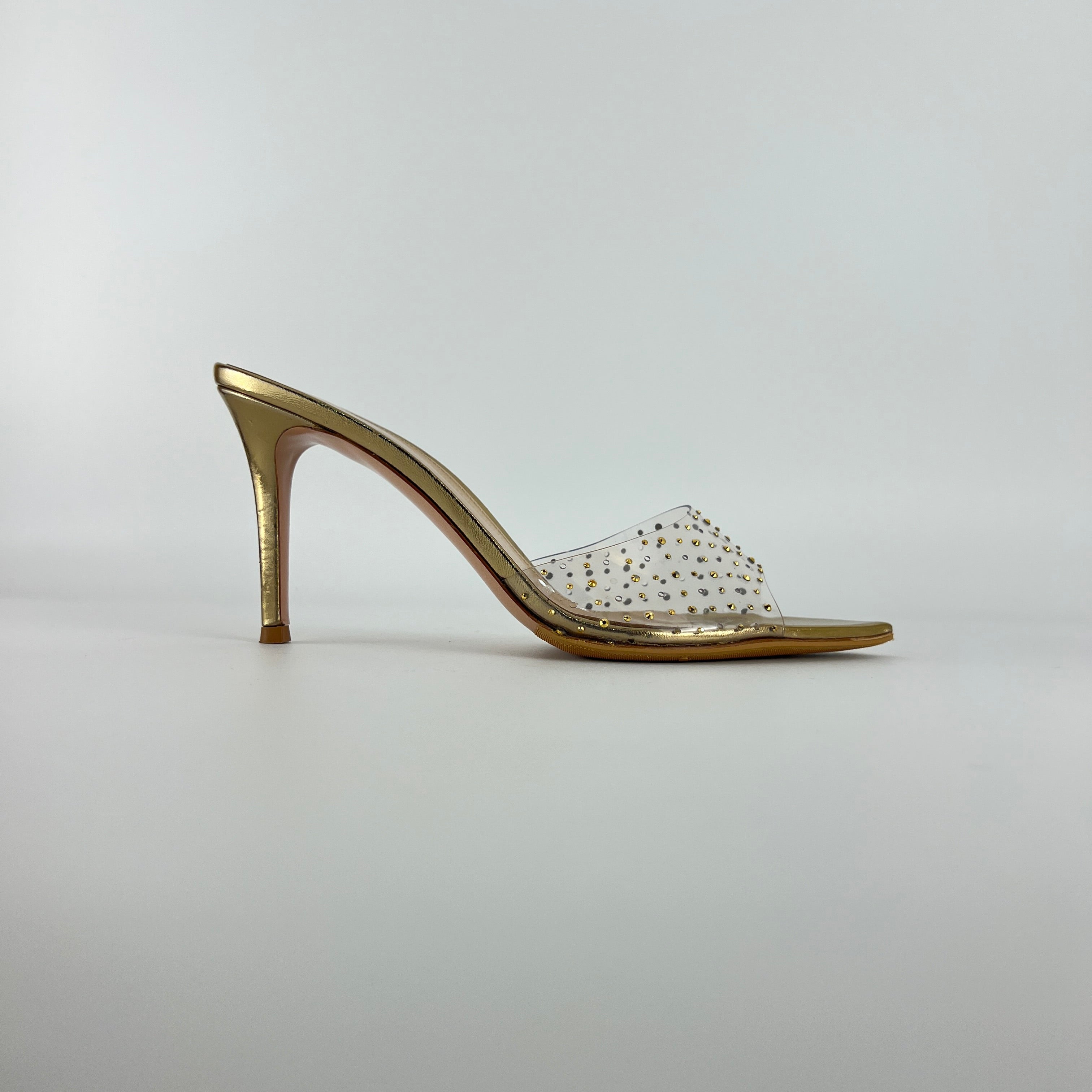 Gianvito Rossi | Gold Leather Clar PVC Rhinestone Strap Pointed Toe Slide Mules (38.5)