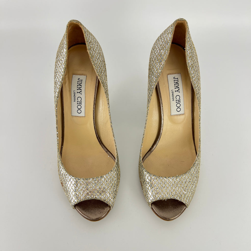 Jimmy Choo | Baxen Glitter Leather Silver Wedge Peep Toe Pump Heels (37.5)