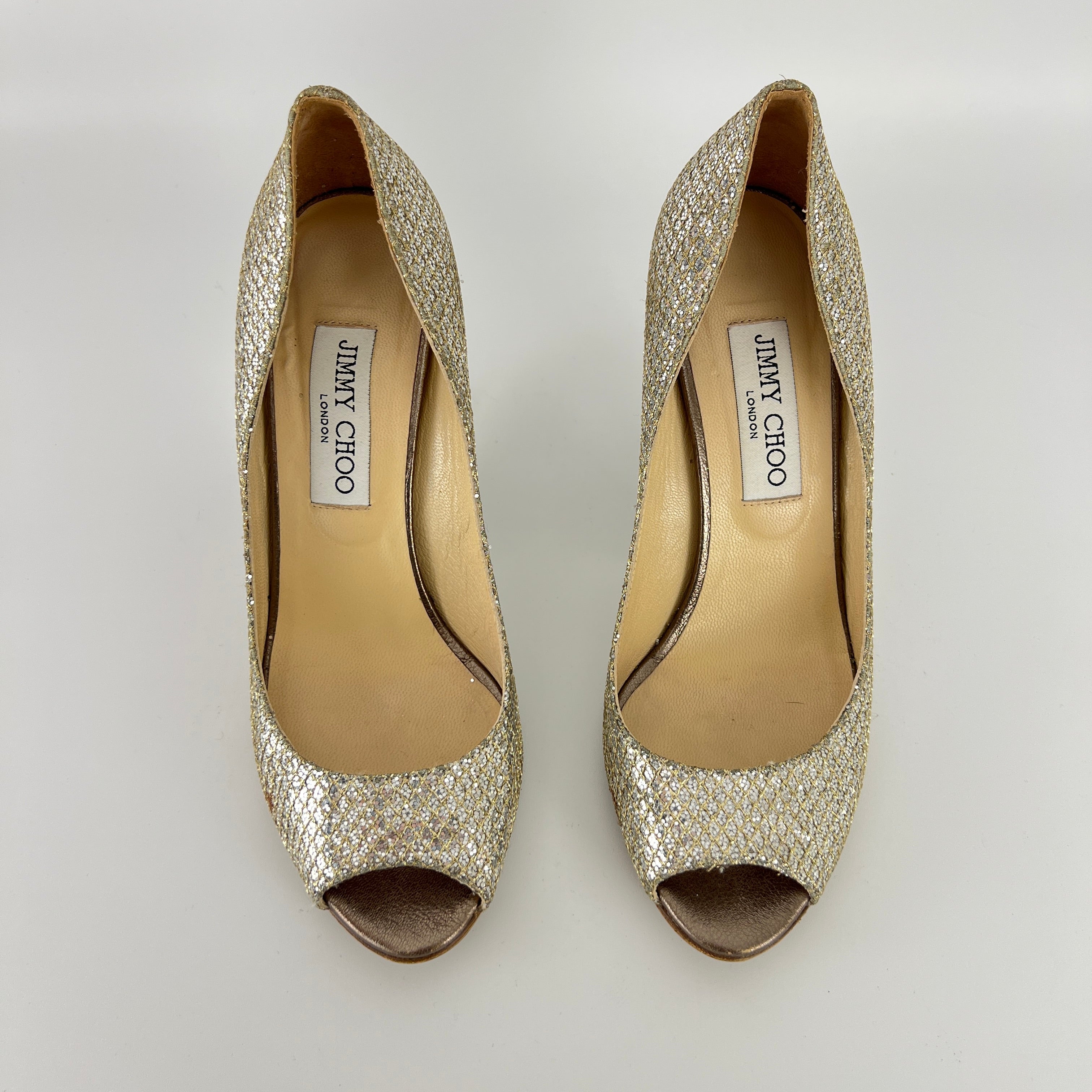 Jimmy Choo | Baxen Glitter Leather Silver Wedge Peep Toe Pump Heels (37.5)