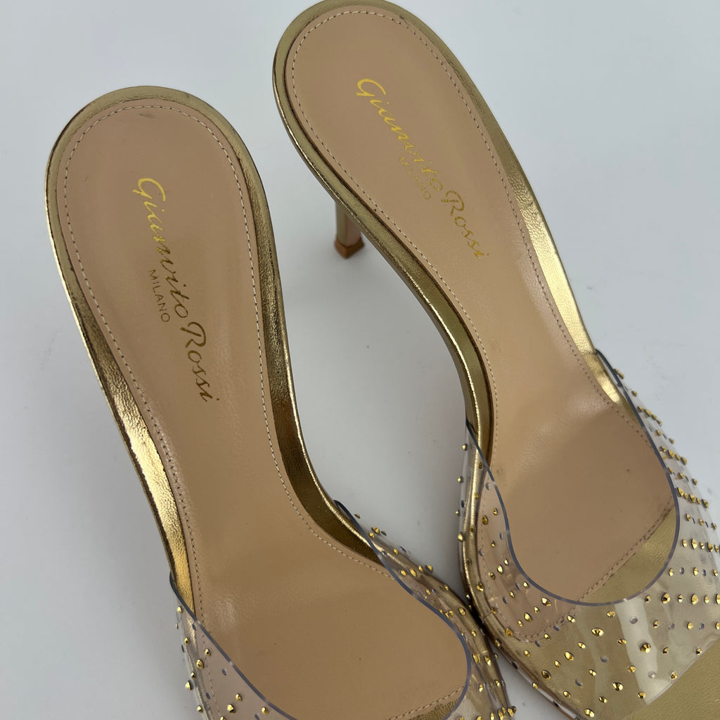 Gianvito Rossi | Gold Leather Clar PVC Rhinestone Strap Pointed Toe Slide Mules (38.5)