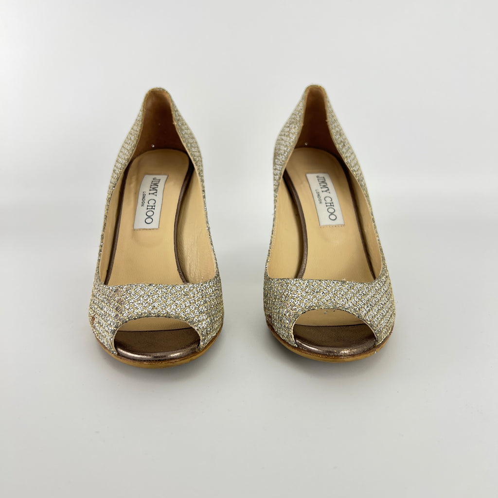 Jimmy Choo | Baxen Glitter Leather Silver Wedge Peep Toe Pump Heels (37.5)