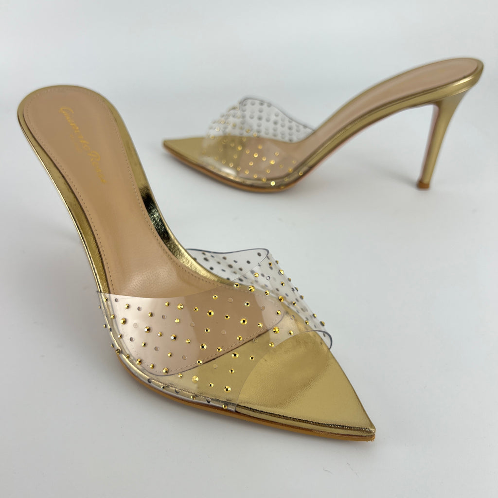 Gianvito Rossi | Gold Leather Clar PVC Rhinestone Strap Pointed Toe Slide Mules (38.5)