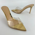 Gianvito Rossi | Gold Leather Clar PVC Rhinestone Strap Pointed Toe Slide Mules (38.5)
