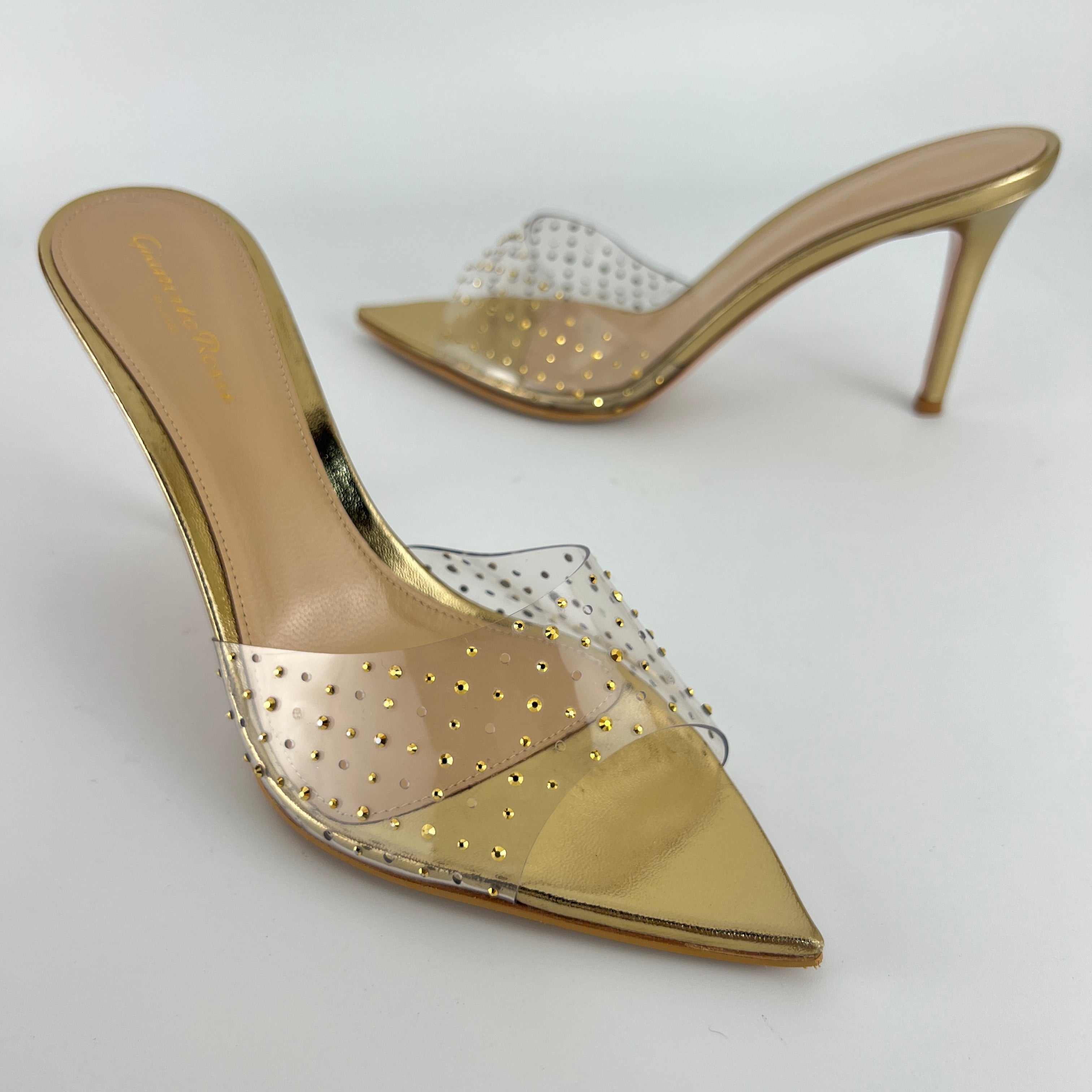 Gianvito Rossi | Gold Leather Clar PVC Rhinestone Strap Pointed Toe Slide Mules (38.5)