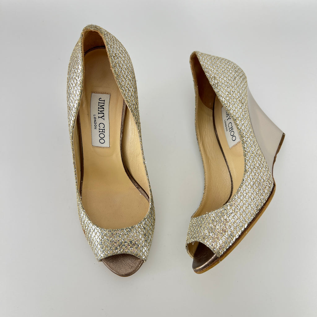 Jimmy Choo | Baxen Glitter Leather Silver Wedge Peep Toe Pump Heels (37.5)
