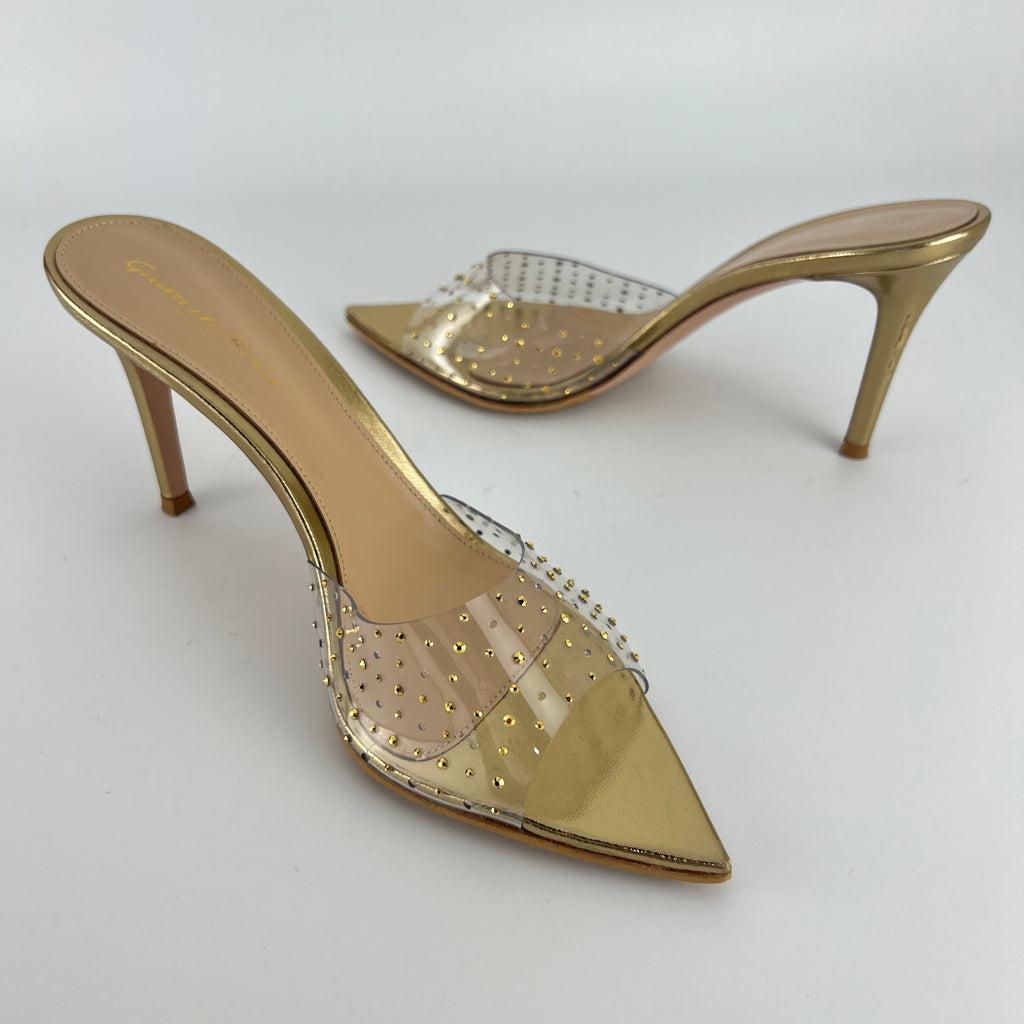 Gianvito Rossi | Gold Leather Clar PVC Rhinestone Strap Pointed Toe Slide Mules (38.5)