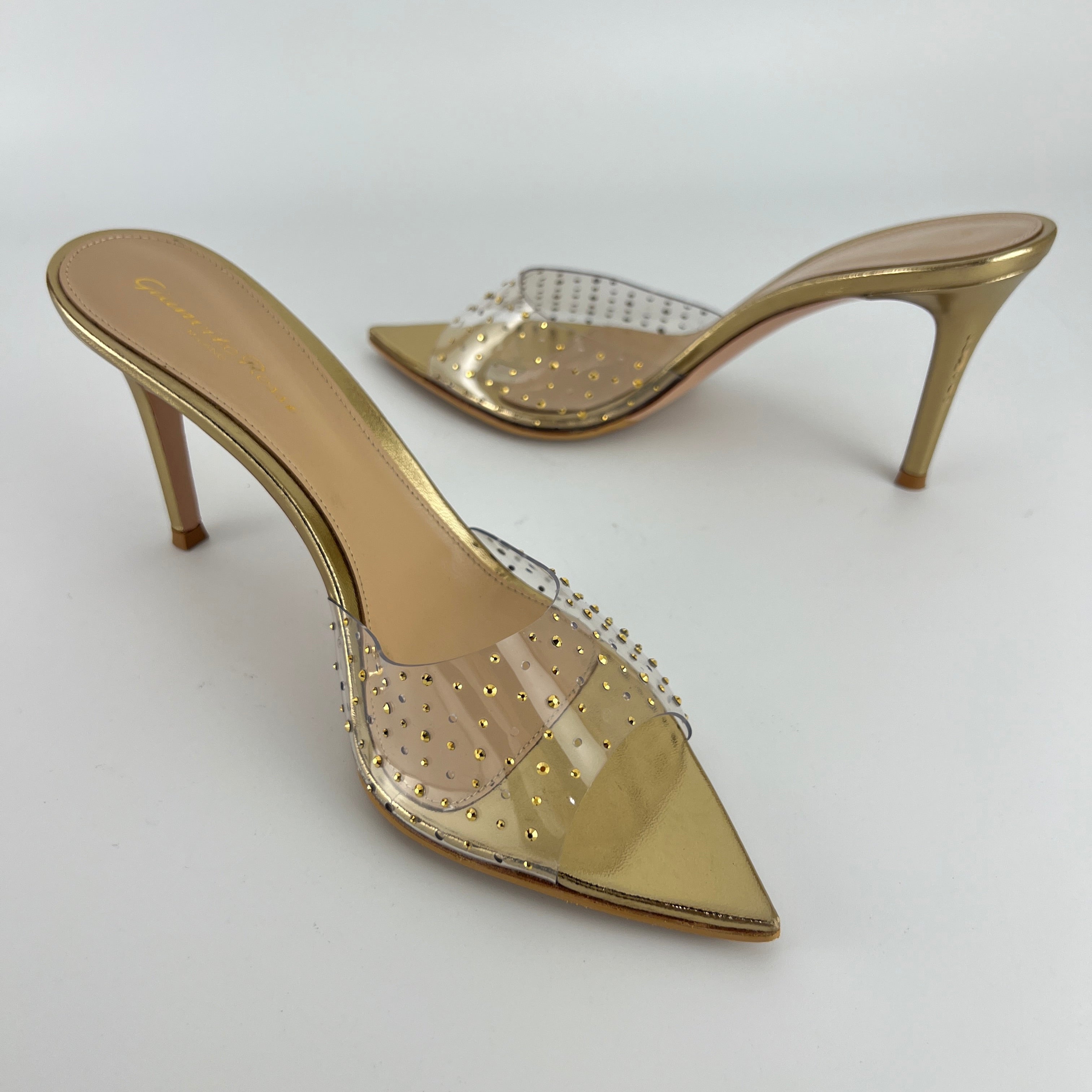 Gianvito Rossi | Gold Leather Clar PVC Rhinestone Strap Pointed Toe Slide Mules (38.5)