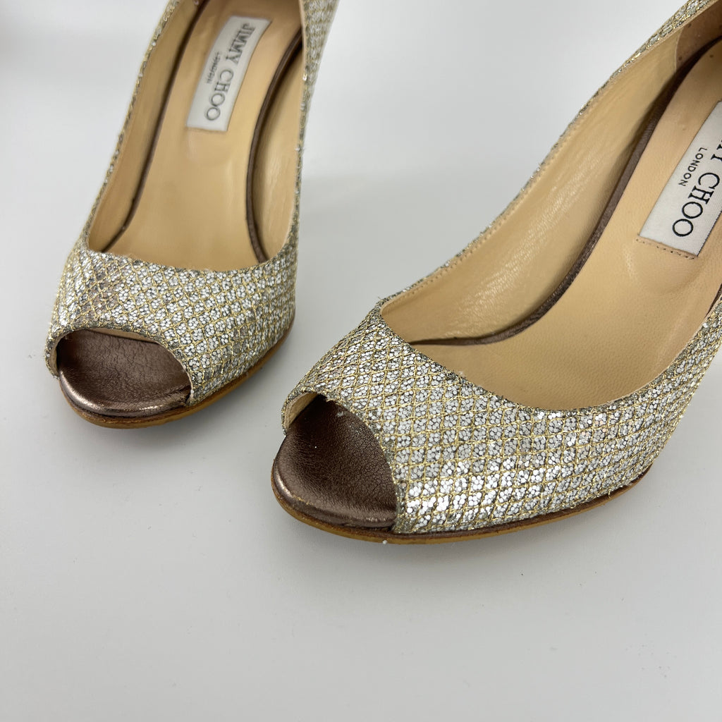 Jimmy Choo | Baxen Glitter Leather Silver Wedge Peep Toe Pump Heels (37.5)