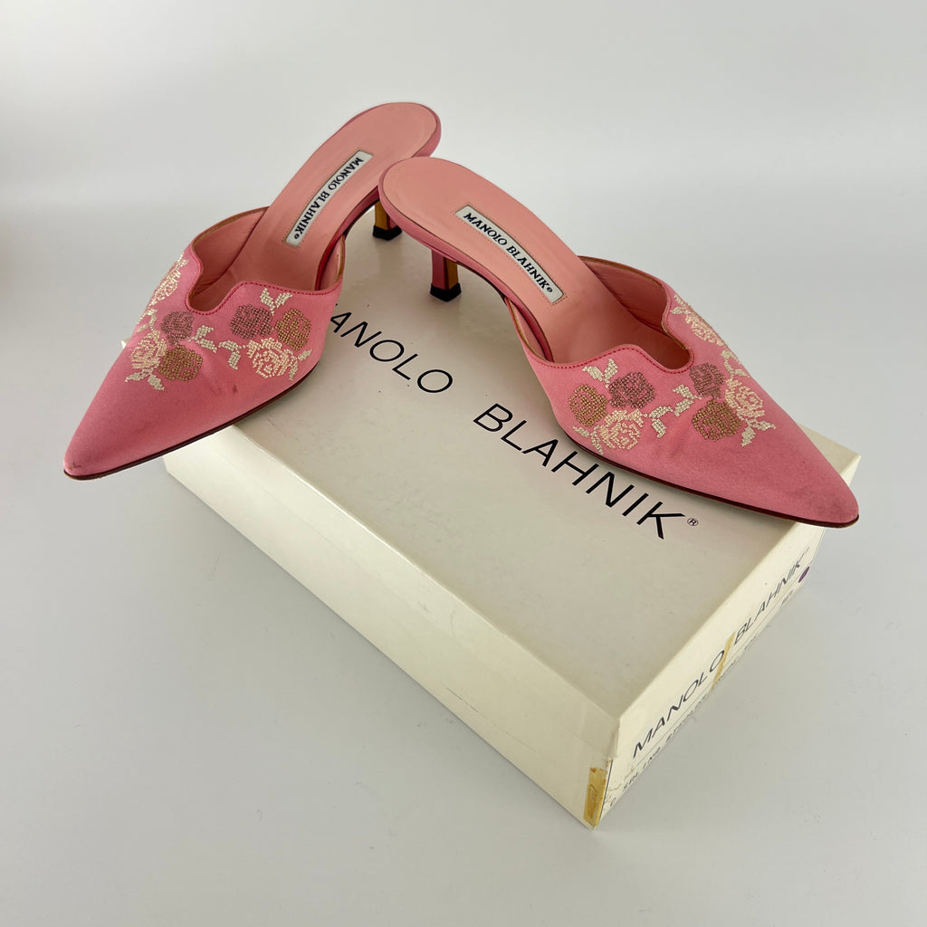 Manolo Blahnik | Vintage Salina Pink Floral Embroidery Pointed Toe Slide Mules (36.5)