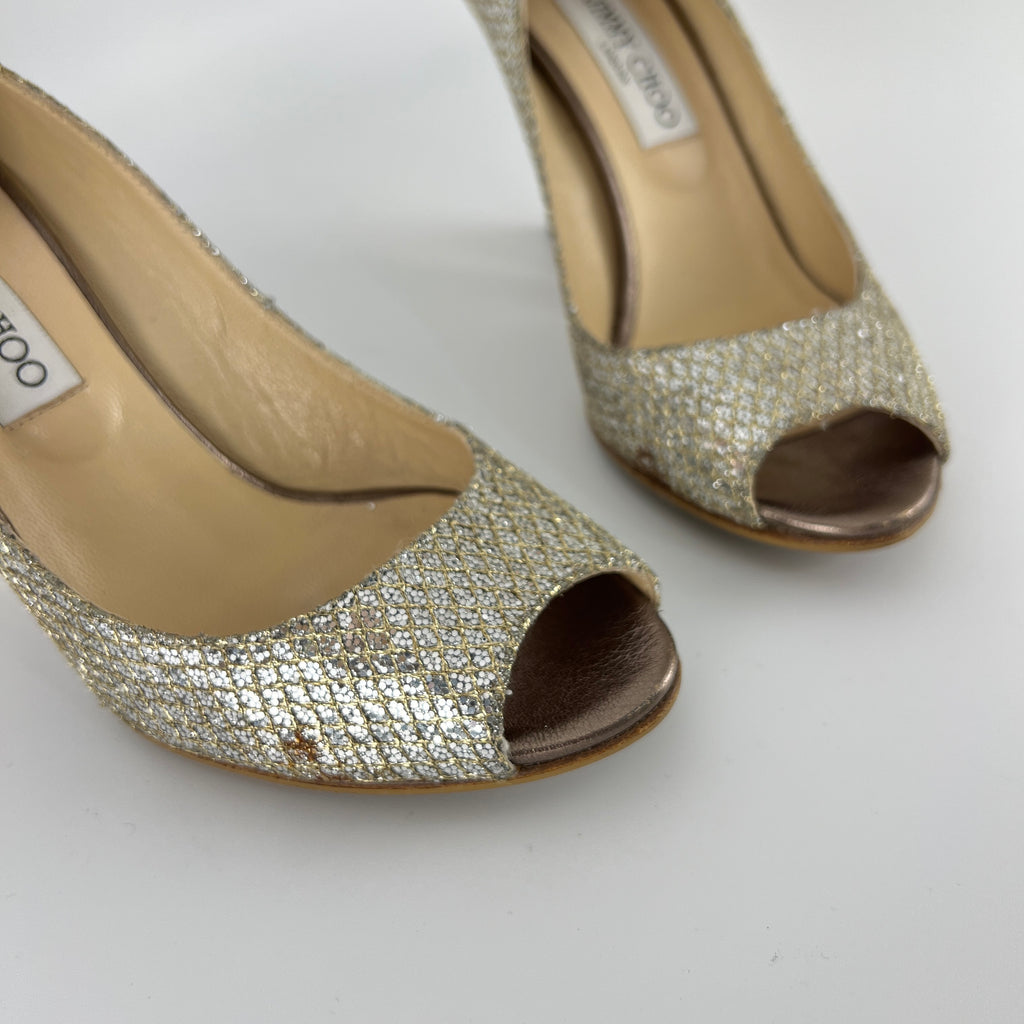 Jimmy Choo | Baxen Glitter Leather Silver Wedge Peep Toe Pump Heels (37.5)