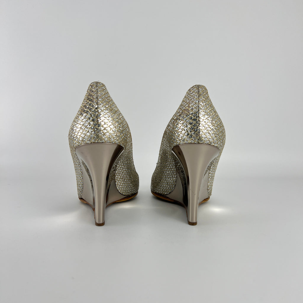 Jimmy Choo | Baxen Glitter Leather Silver Wedge Peep Toe Pump Heels (37.5)
