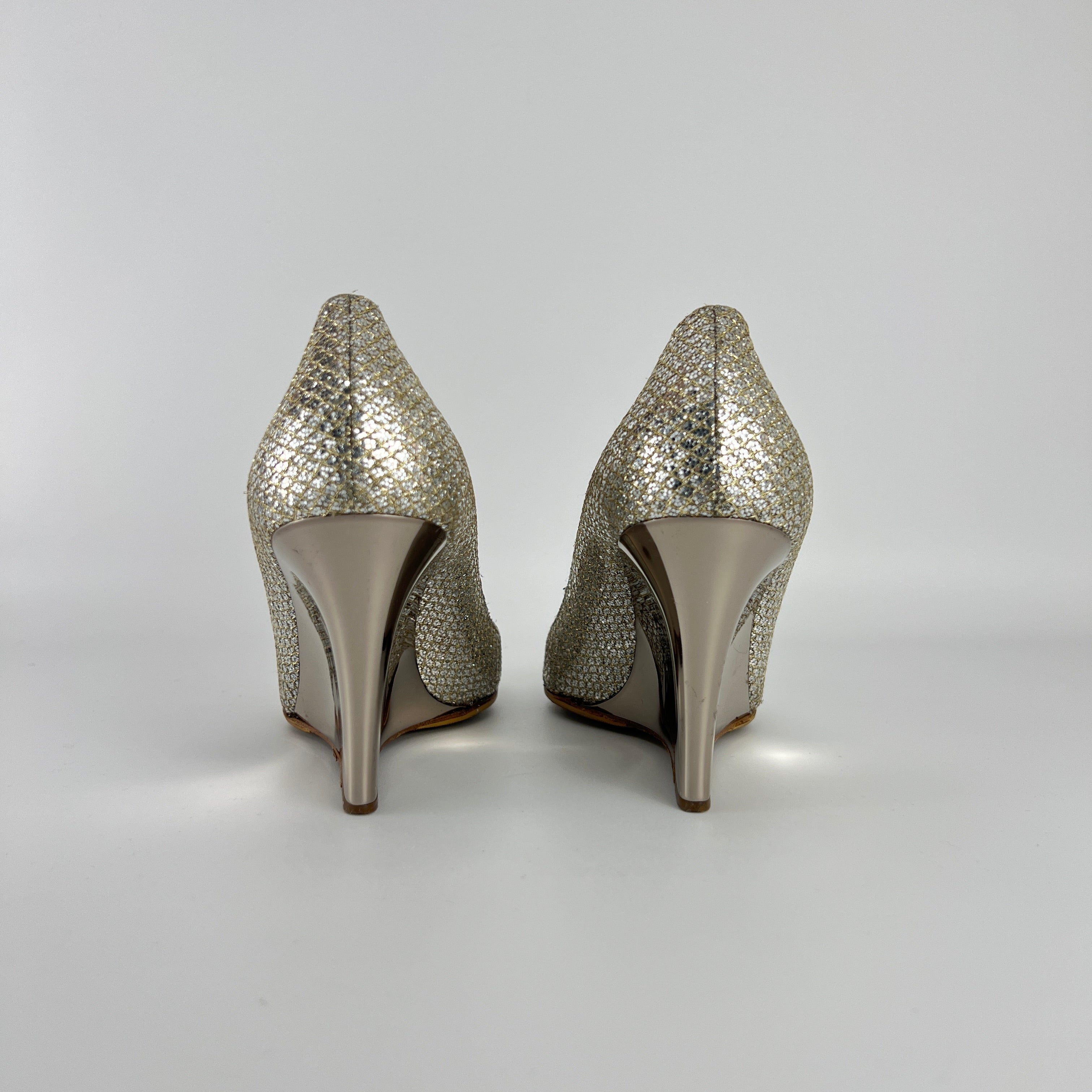 Jimmy Choo | Baxen Glitter Leather Silver Wedge Peep Toe Pump Heels (37.5)