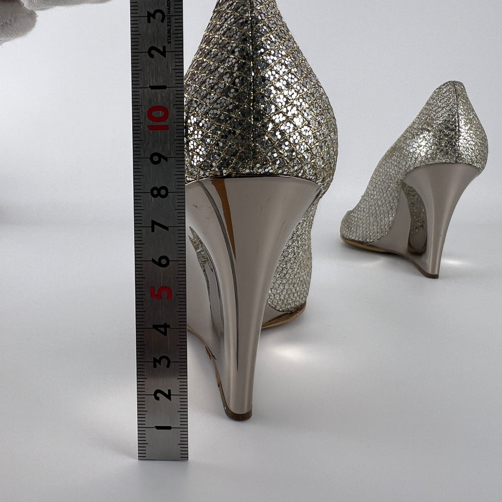 Jimmy Choo | Baxen Glitter Leather Silver Wedge Peep Toe Pump Heels (37.5)
