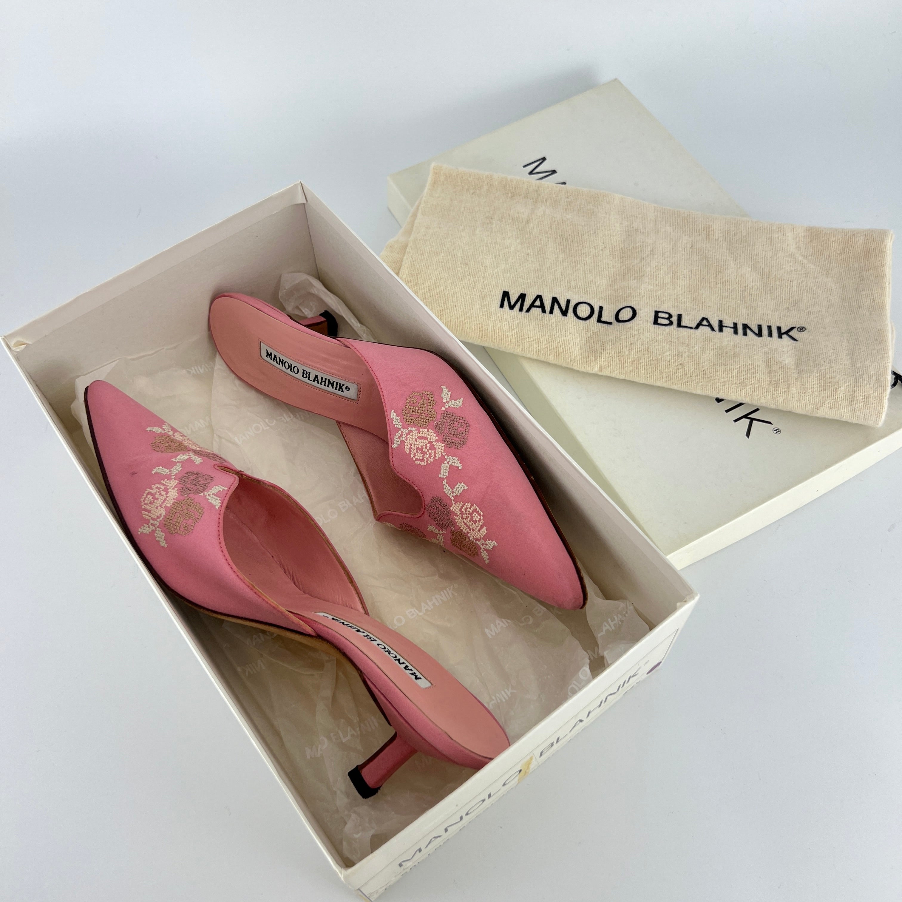Manolo Blahnik | Vintage Salina Pink Floral Embroidery Pointed Toe Slide Mules (36.5)