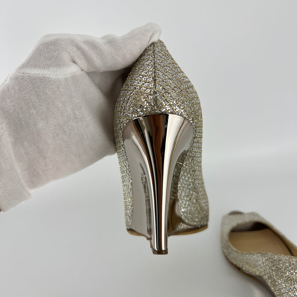Jimmy Choo | Baxen Glitter Leather Silver Wedge Peep Toe Pump Heels (37.5)