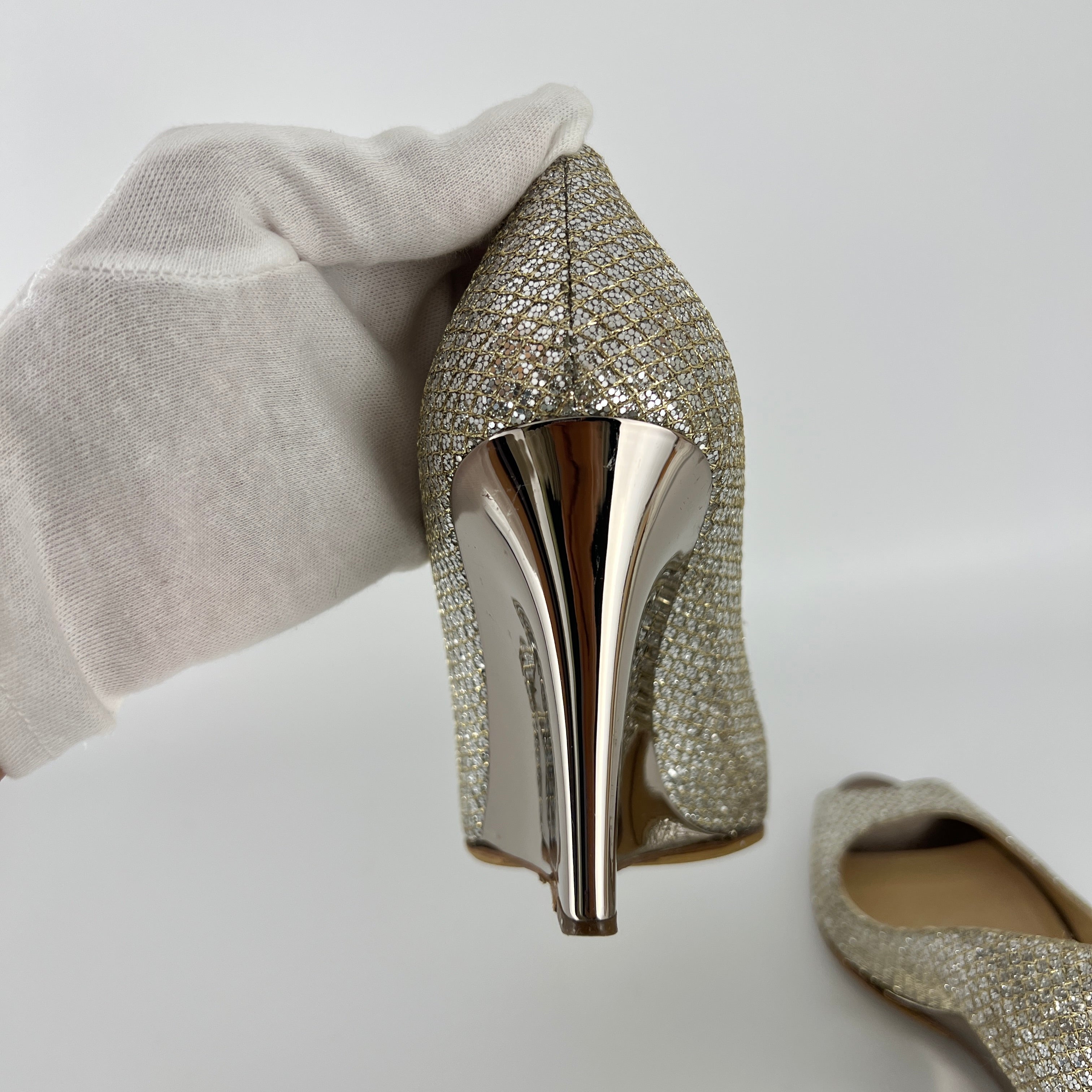 Jimmy Choo | Baxen Glitter Leather Silver Wedge Peep Toe Pump Heels (37.5)
