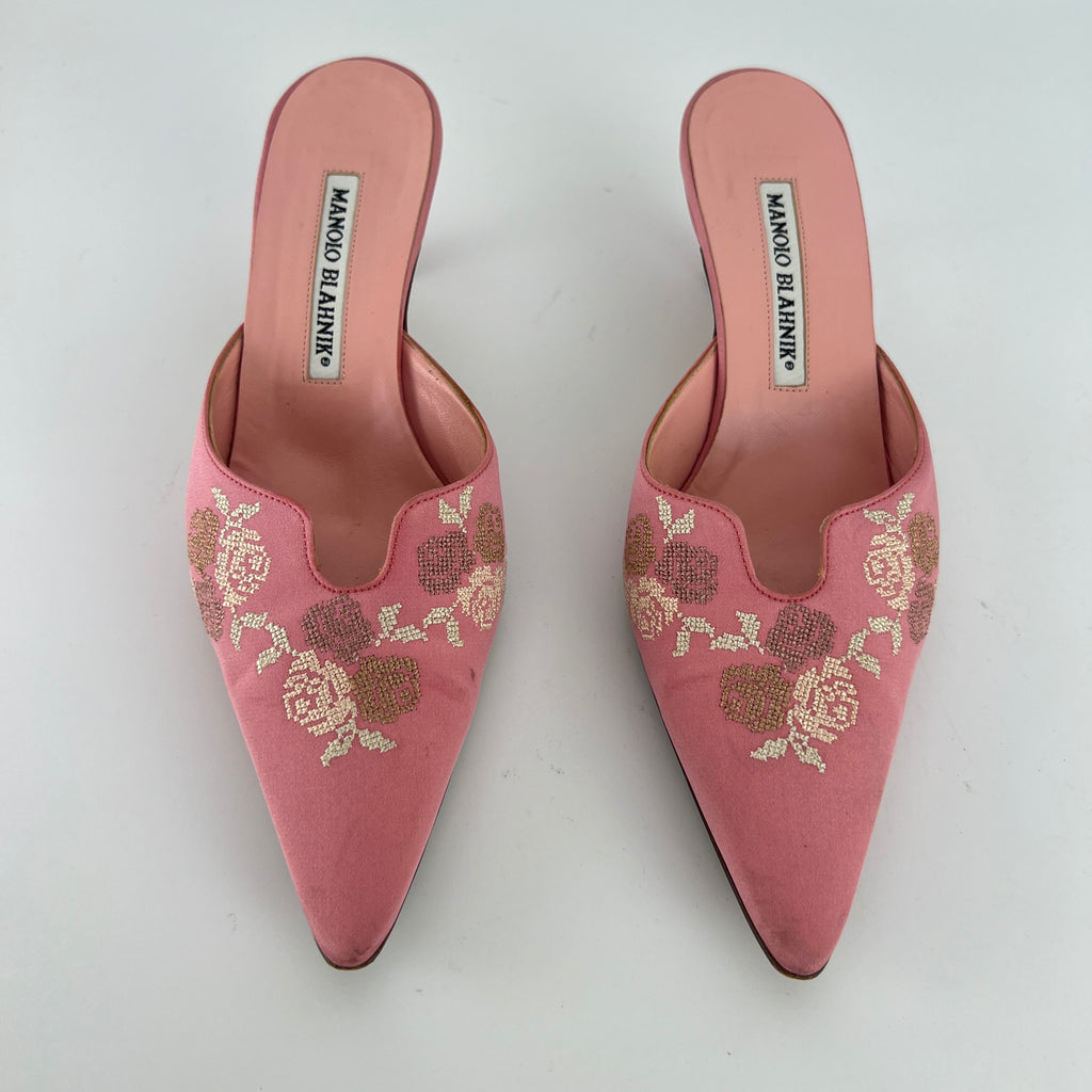 Manolo Blahnik | Vintage Salina Pink Floral Embroidery Pointed Toe Slide Mules (36.5)