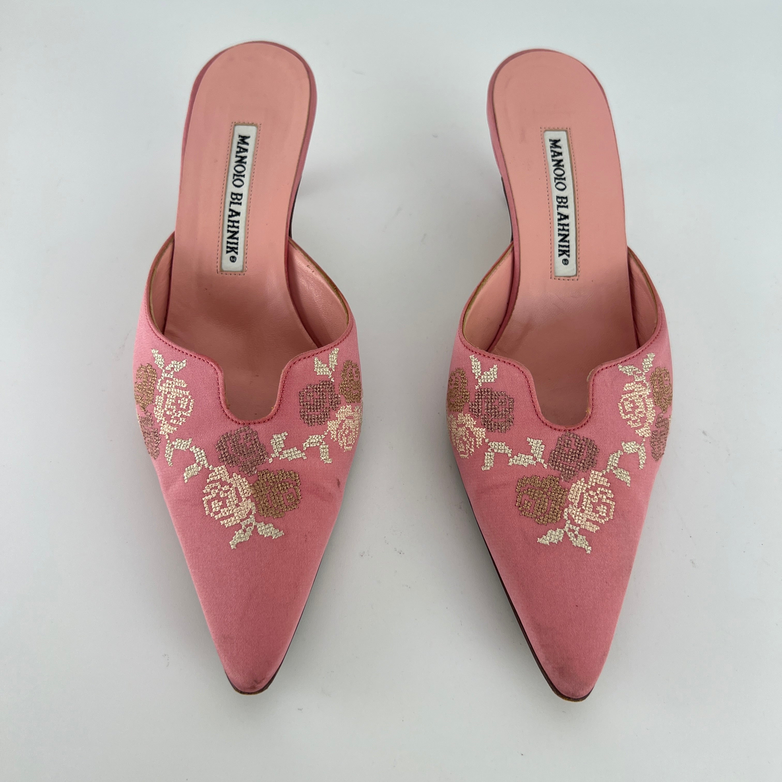 Manolo Blahnik | Vintage Salina Pink Floral Embroidery Pointed Toe Slide Mules (36.5)