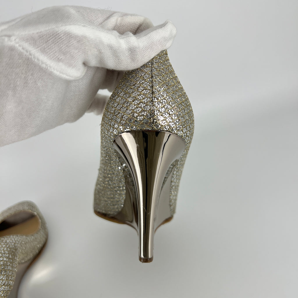 Jimmy Choo | Baxen Glitter Leather Silver Wedge Peep Toe Pump Heels (37.5)