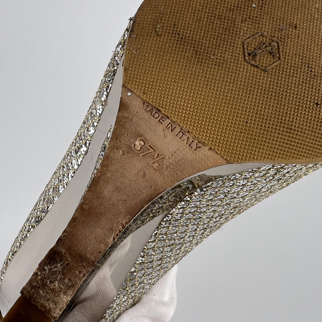 Jimmy Choo | Baxen Glitter Leather Silver Wedge Peep Toe Pump Heels (37.5)