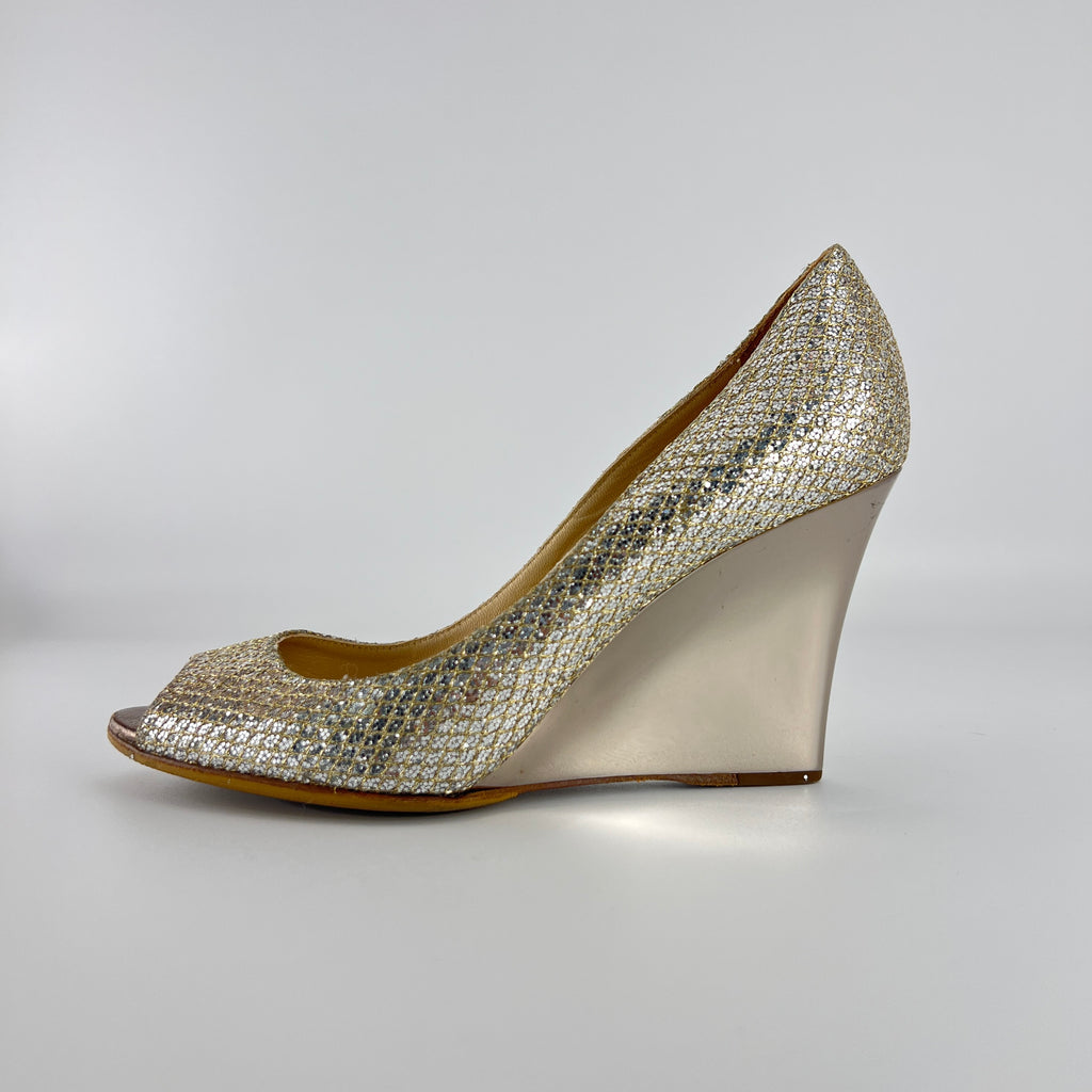 Jimmy Choo | Baxen Glitter Leather Silver Wedge Peep Toe Pump Heels (37.5)