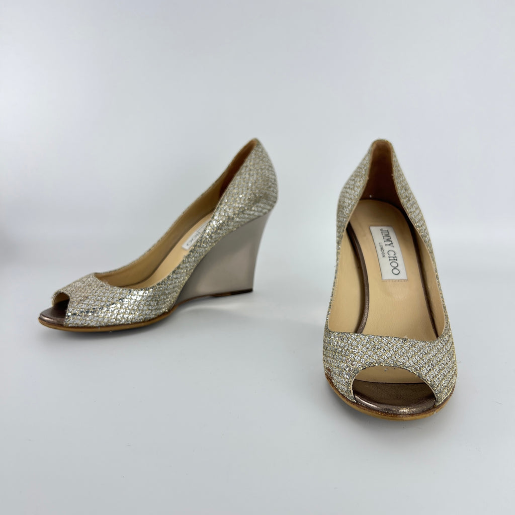 Jimmy Choo | Baxen Glitter Leather Silver Wedge Peep Toe Pump Heels (37.5)