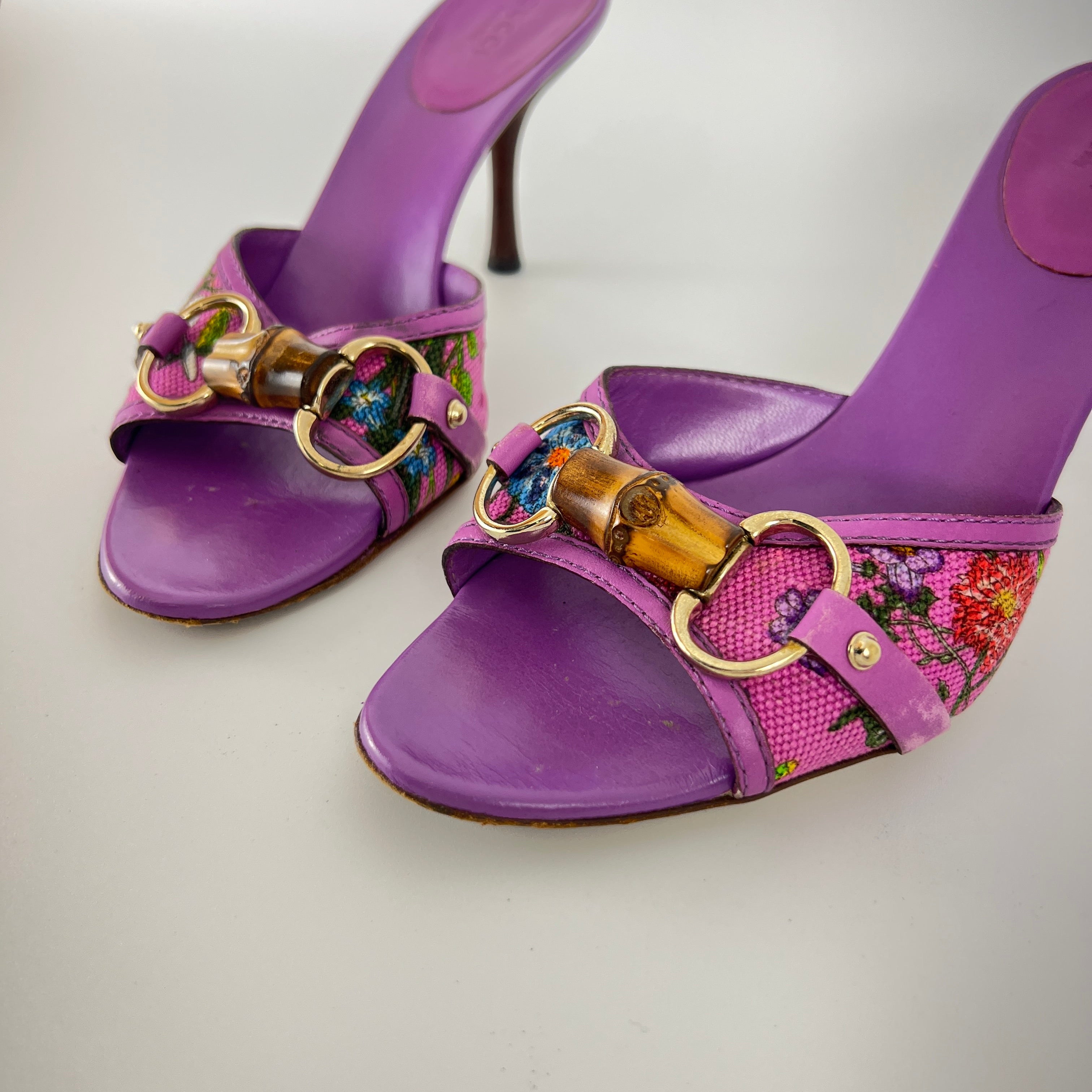 Gucci | Purple Floral Bamboo Horse Bit Canvas Leather Slide Mules Rare (35.5)