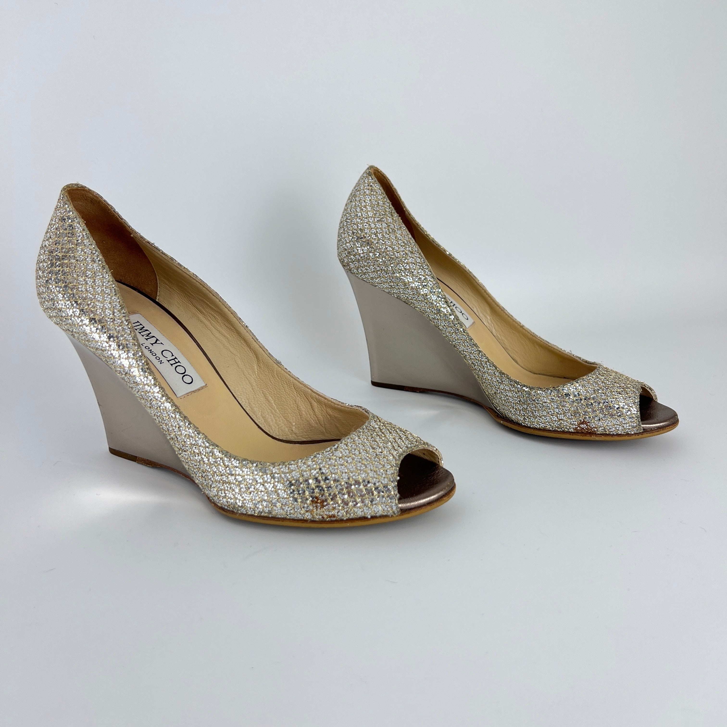 Jimmy Choo | Baxen Glitter Leather Silver Wedge Peep Toe Pump Heels (37.5)