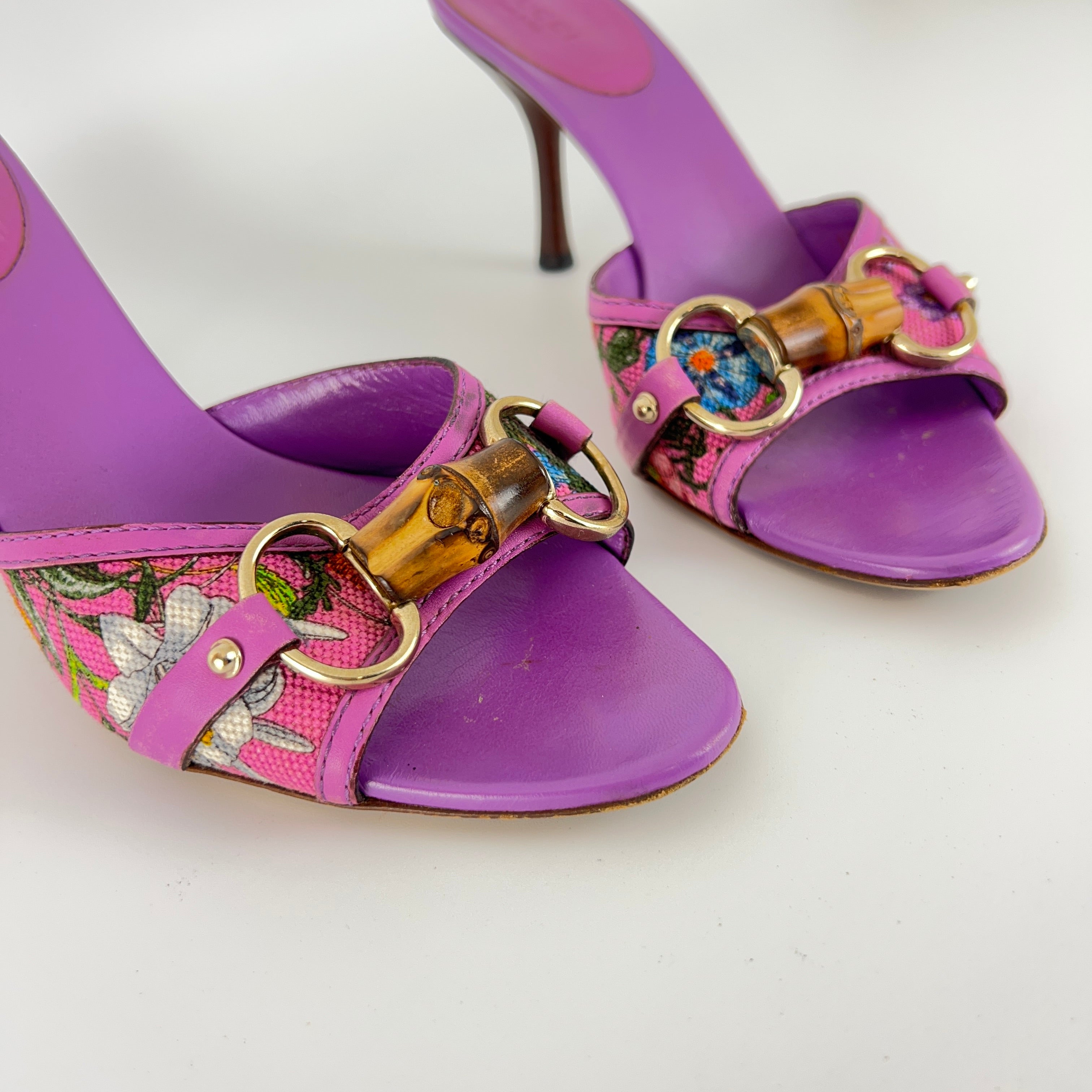 Gucci | Purple Floral Bamboo Horse Bit Canvas Leather Slide Mules Rare (35.5)