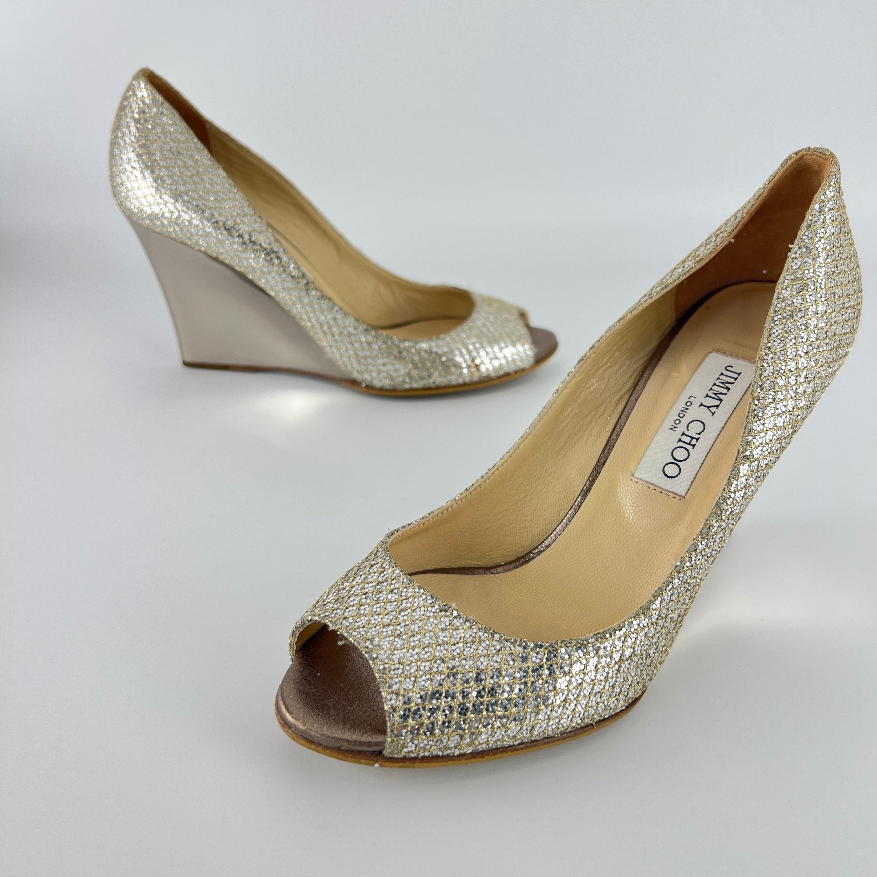 Jimmy Choo | Baxen Glitter Leather Silver Wedge Peep Toe Pump Heels (37.5)