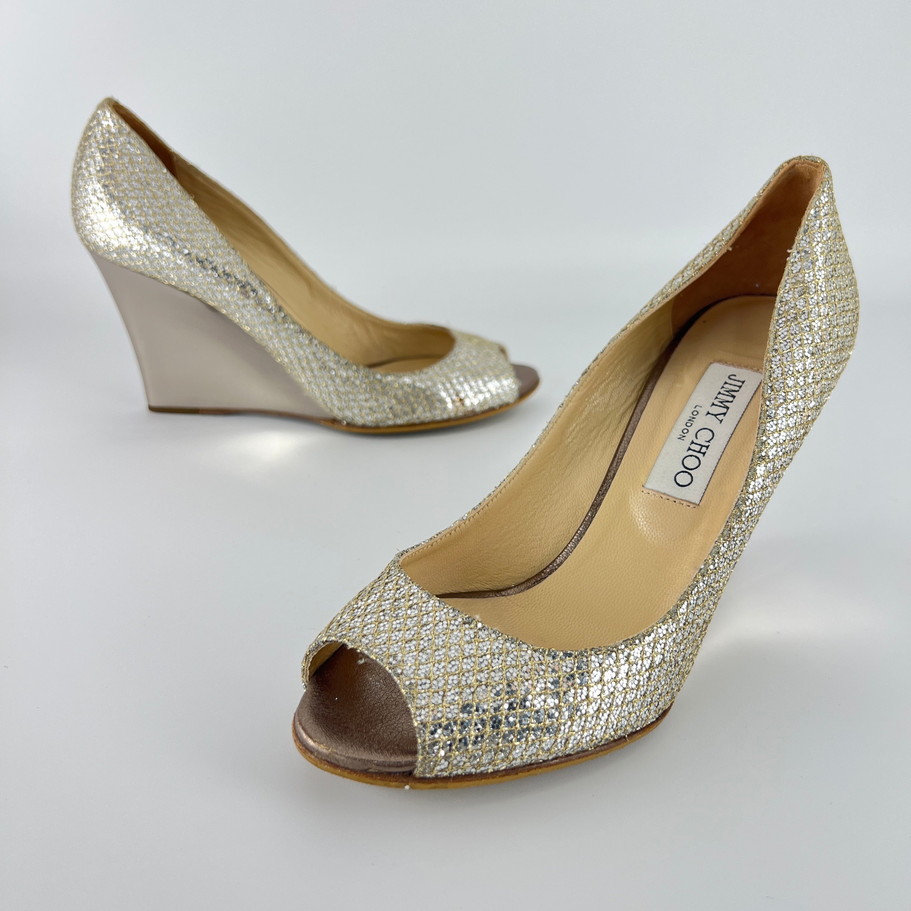 Jimmy Choo | Baxen Glitter Leather Silver Wedge Peep Toe Pump Heels (37.5)