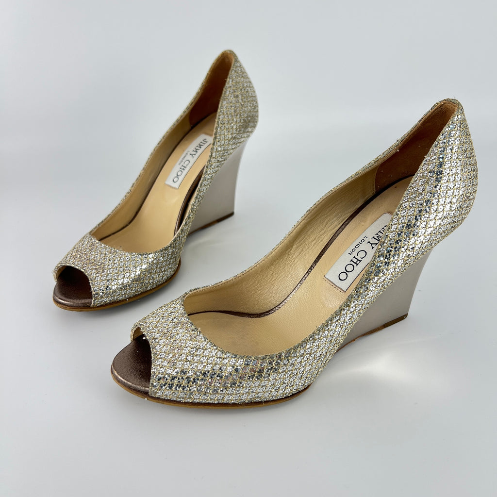 Jimmy Choo | Baxen Glitter Leather Silver Wedge Peep Toe Pump Heels (37.5)