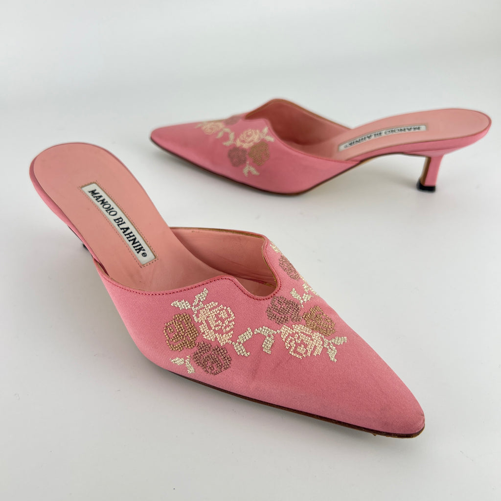 Manolo Blahnik | Vintage Salina Pink Floral Embroidery Pointed Toe Slide Mules (36.5)
